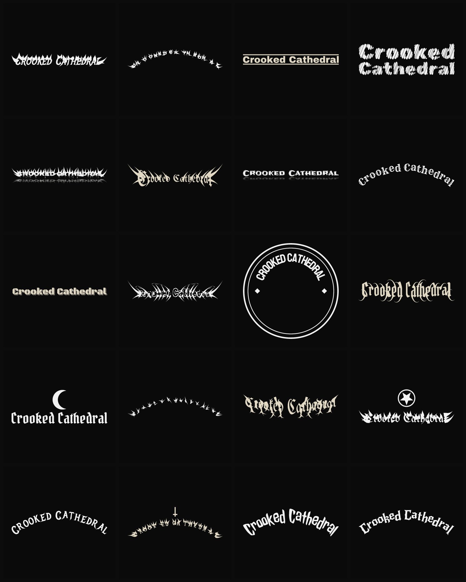 Twenty Crooked Cathedral band logo ideas — different faces, treatments and spike settings
