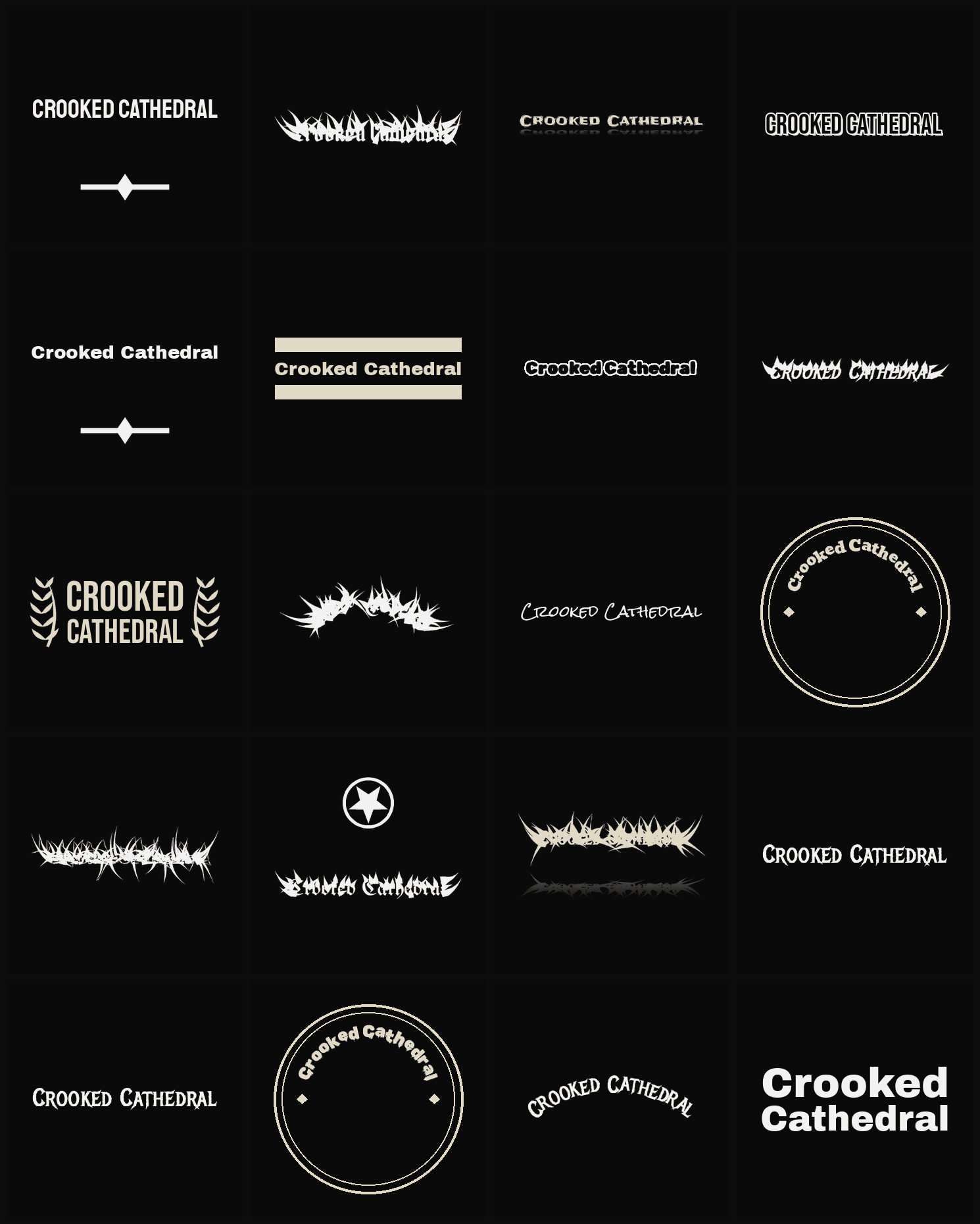 Twenty Crooked Cathedral band logo ideas — different faces, treatments and spike settings