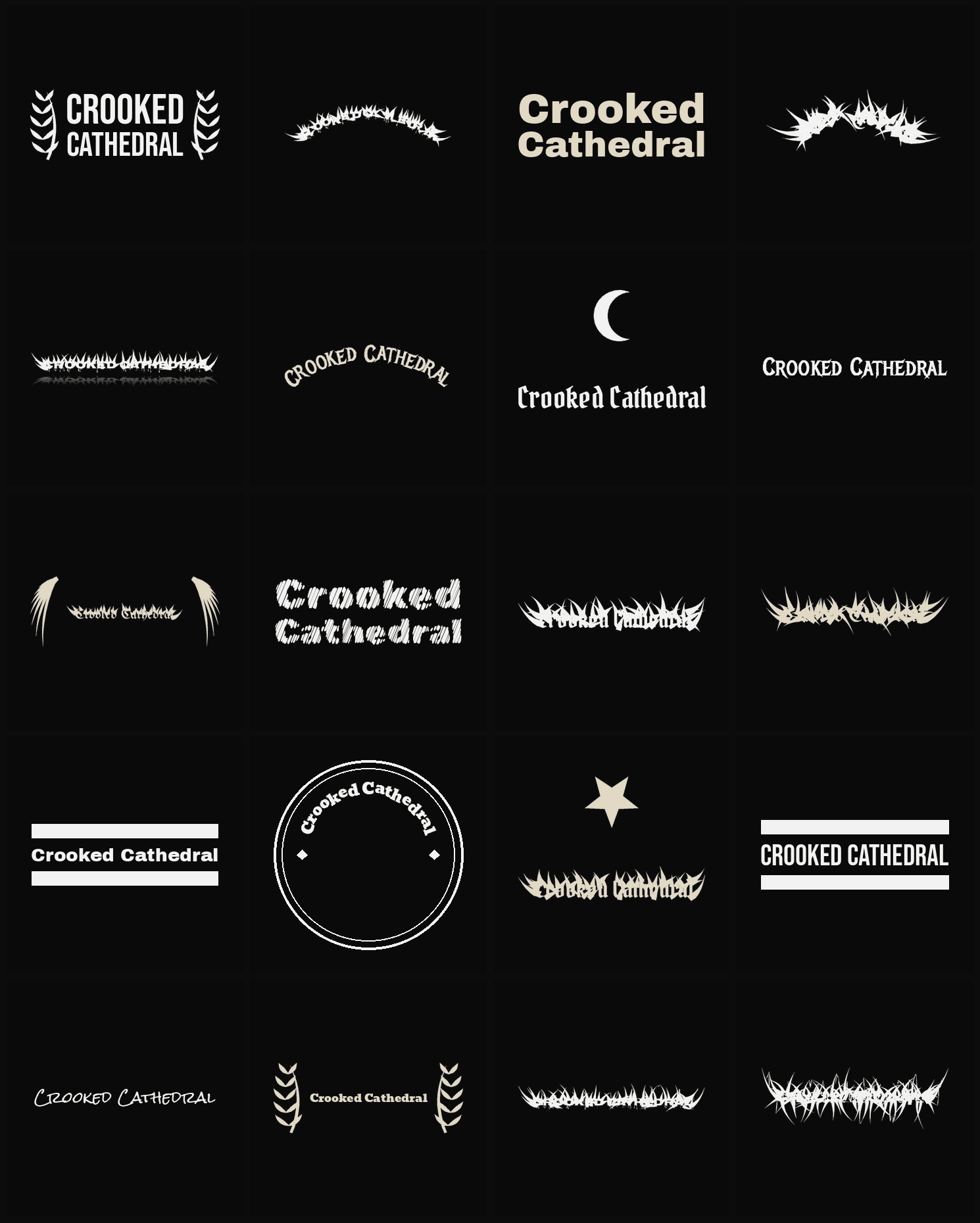 Twenty Crooked Cathedral band logo ideas — different faces, treatments and spike settings