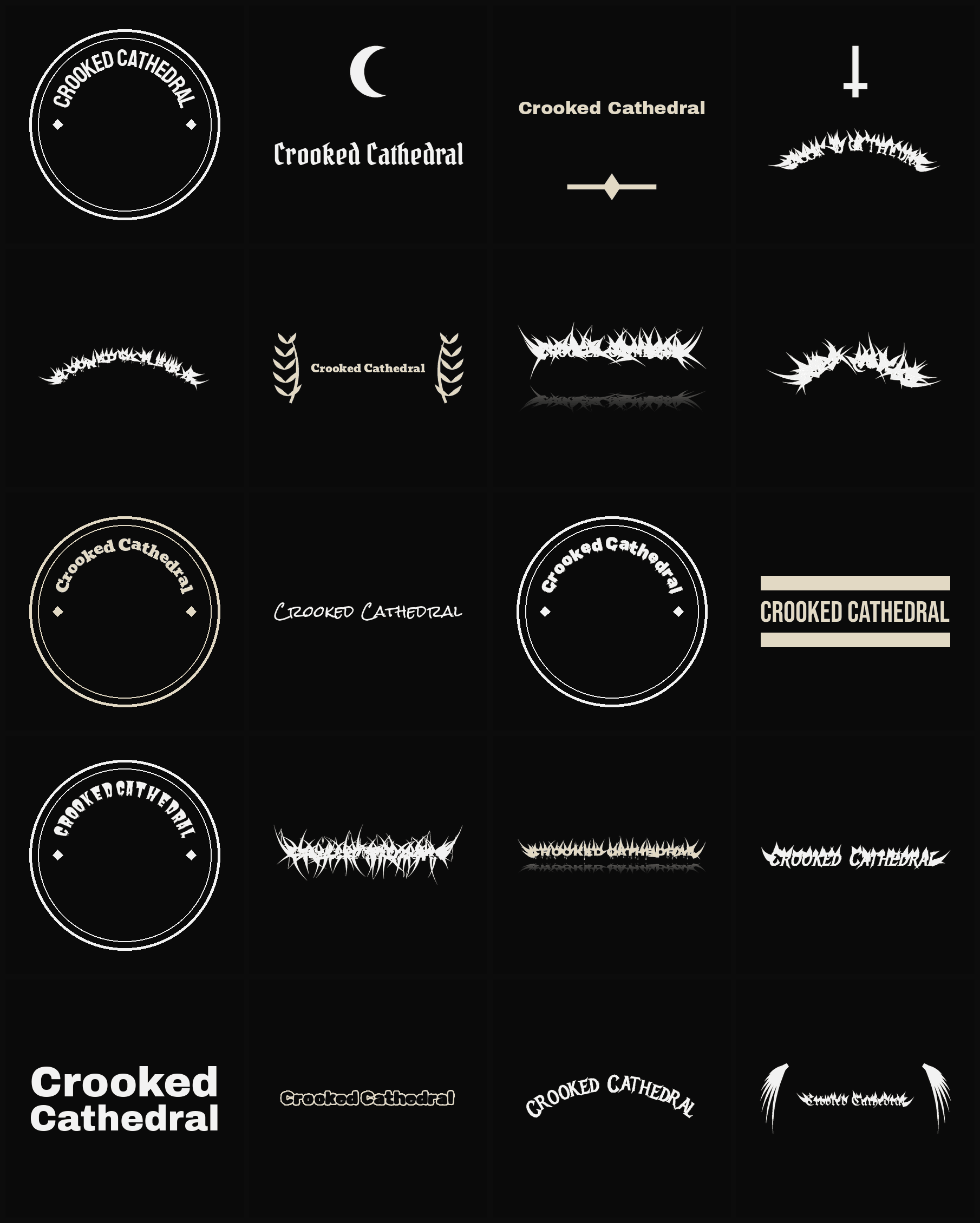 Twenty Crooked Cathedral band logo ideas — different faces, treatments and spike settings