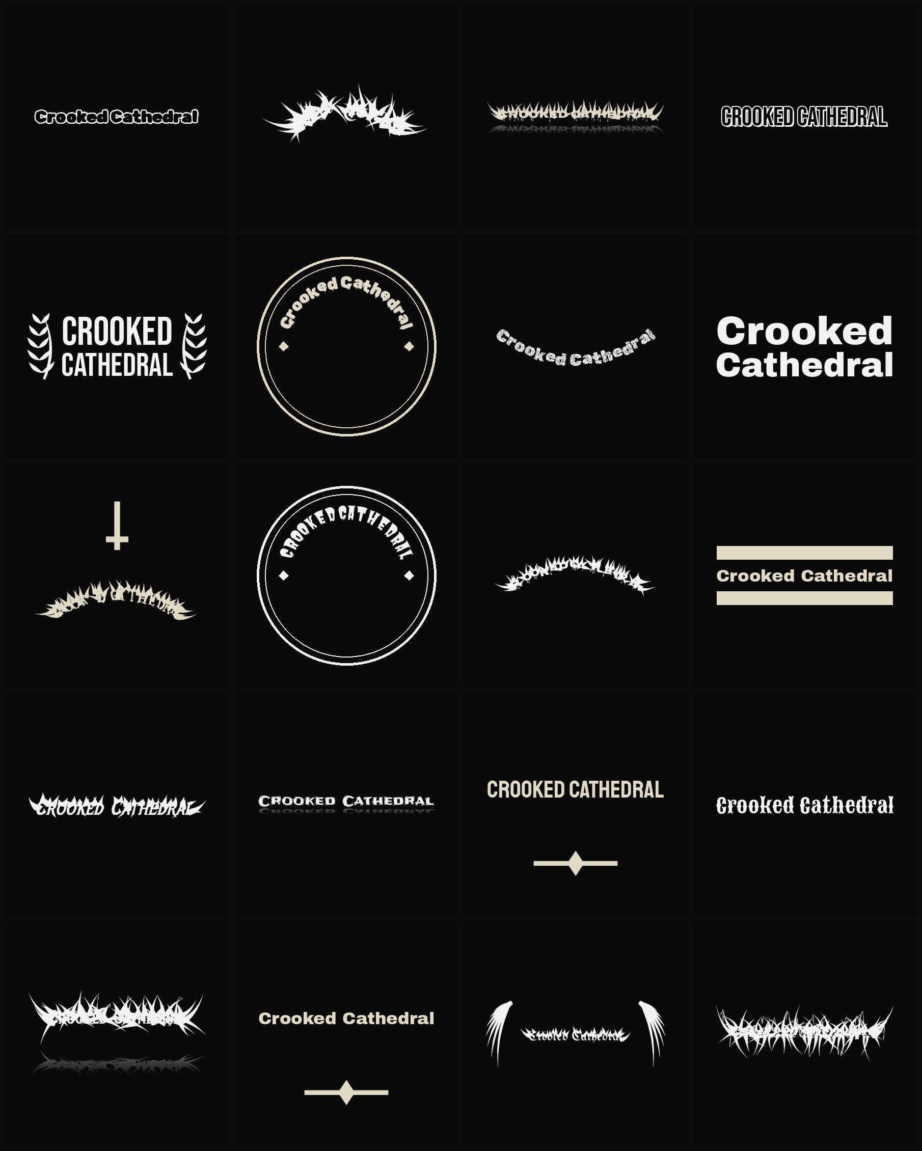 Twenty Crooked Cathedral band logo ideas — different faces, treatments and spike settings