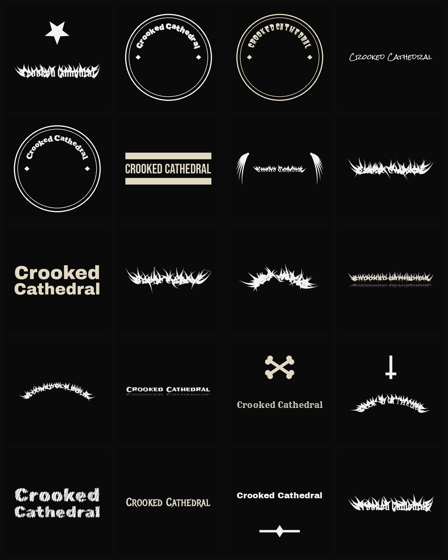 Twenty Crooked Cathedral band logo ideas — different faces, treatments and spike settings