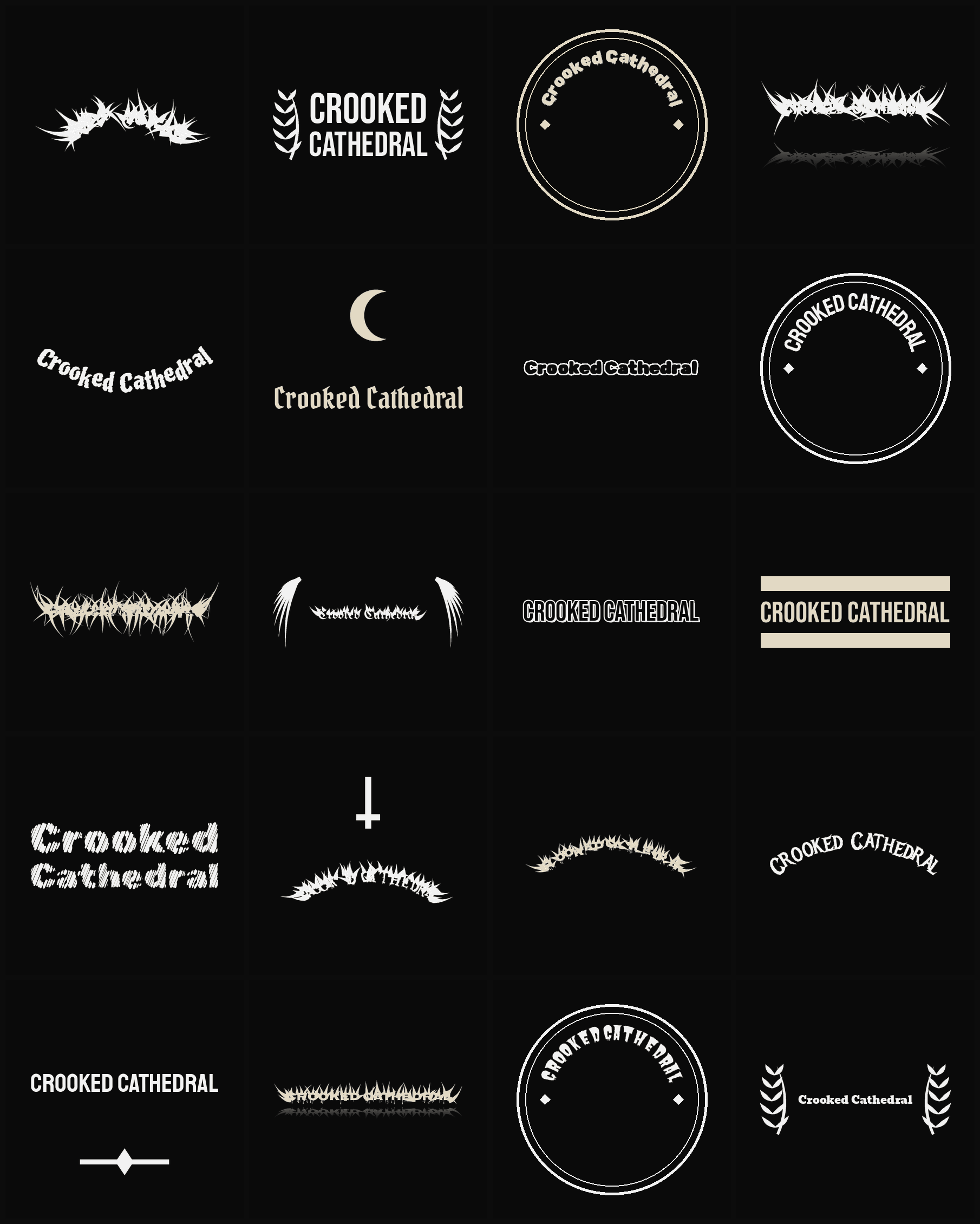 Twenty Crooked Cathedral band logo ideas — different faces, treatments and spike settings