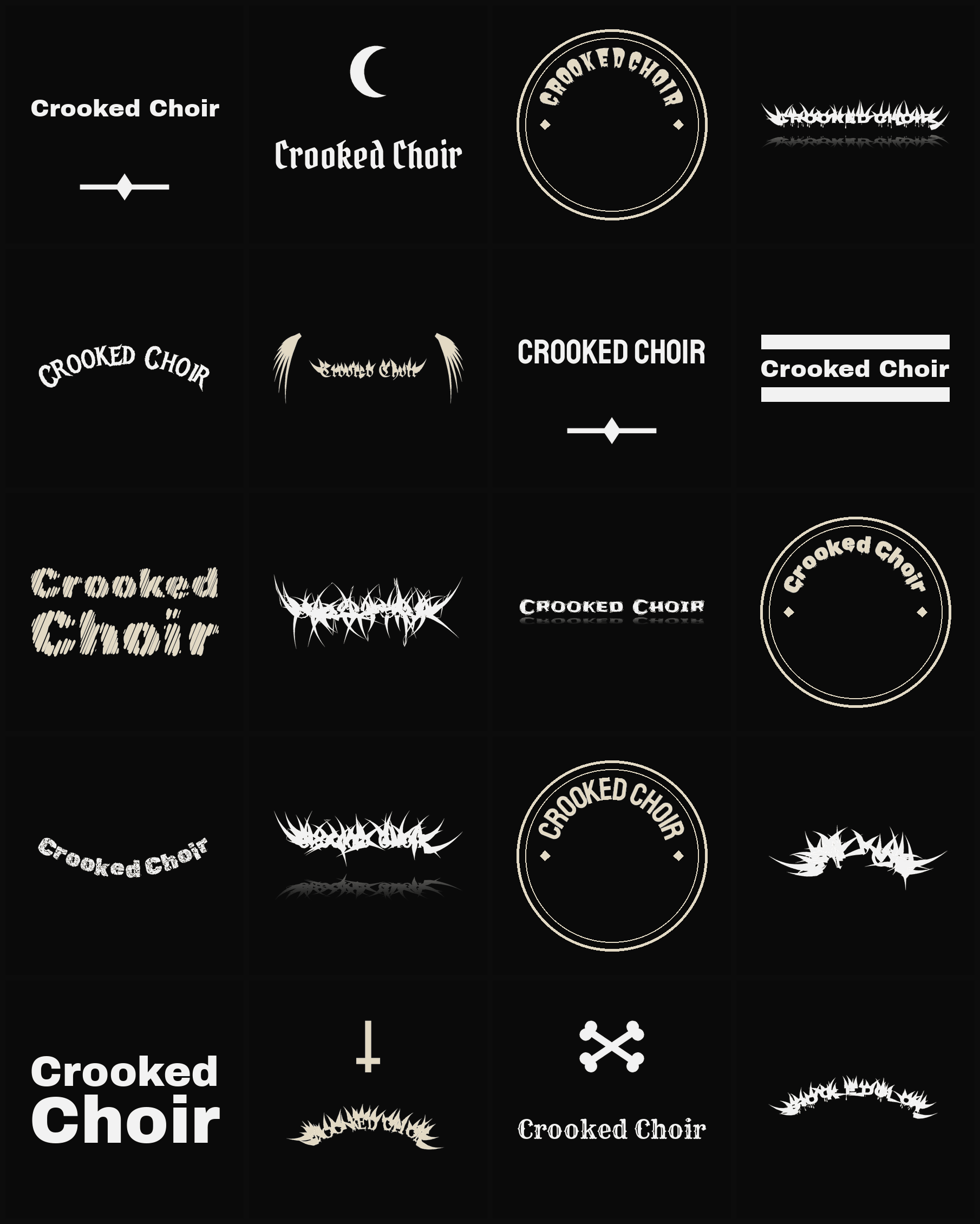 Twenty Crooked Choir band logo ideas — different faces, treatments and spike settings