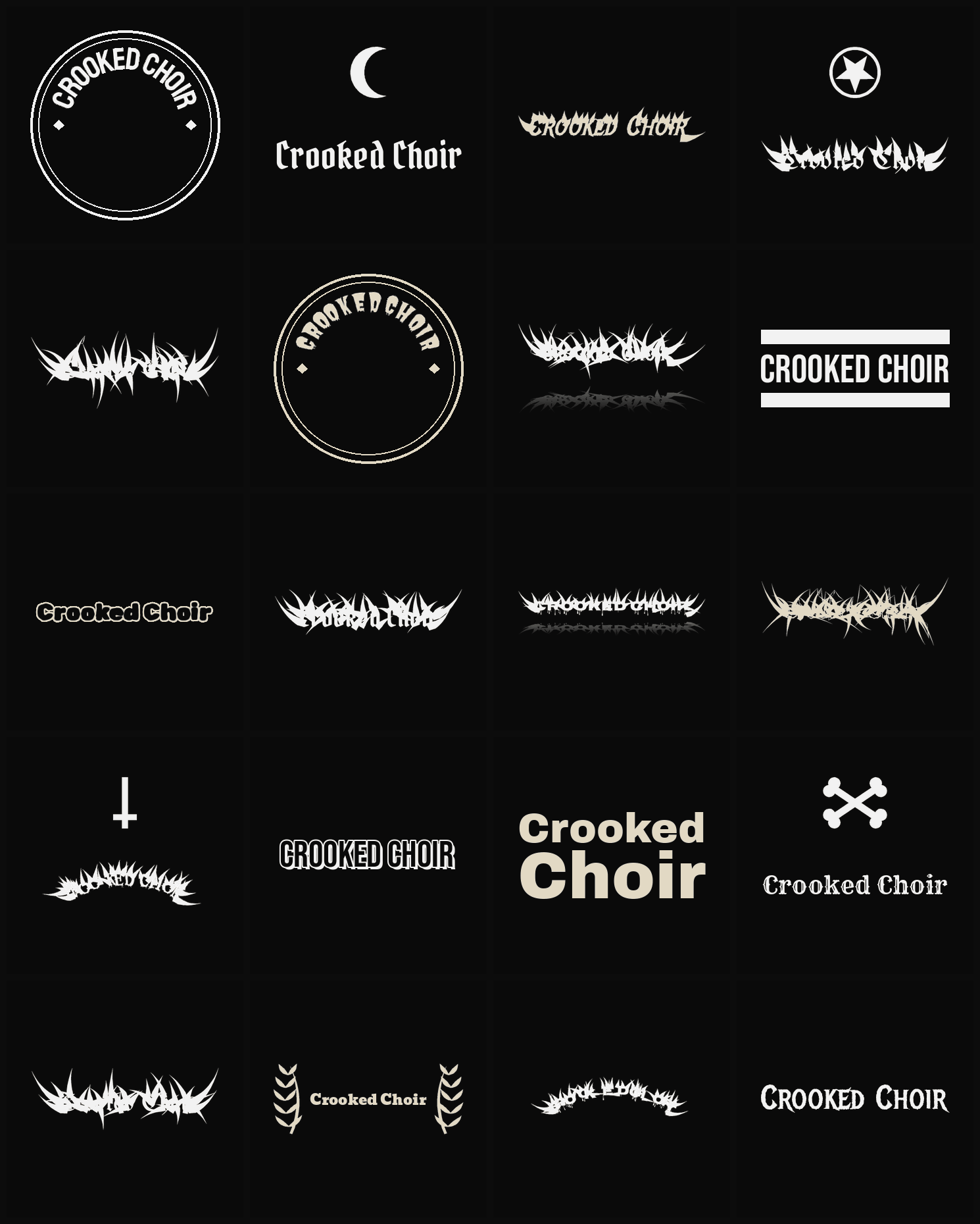 Twenty Crooked Choir band logo ideas — different faces, treatments and spike settings