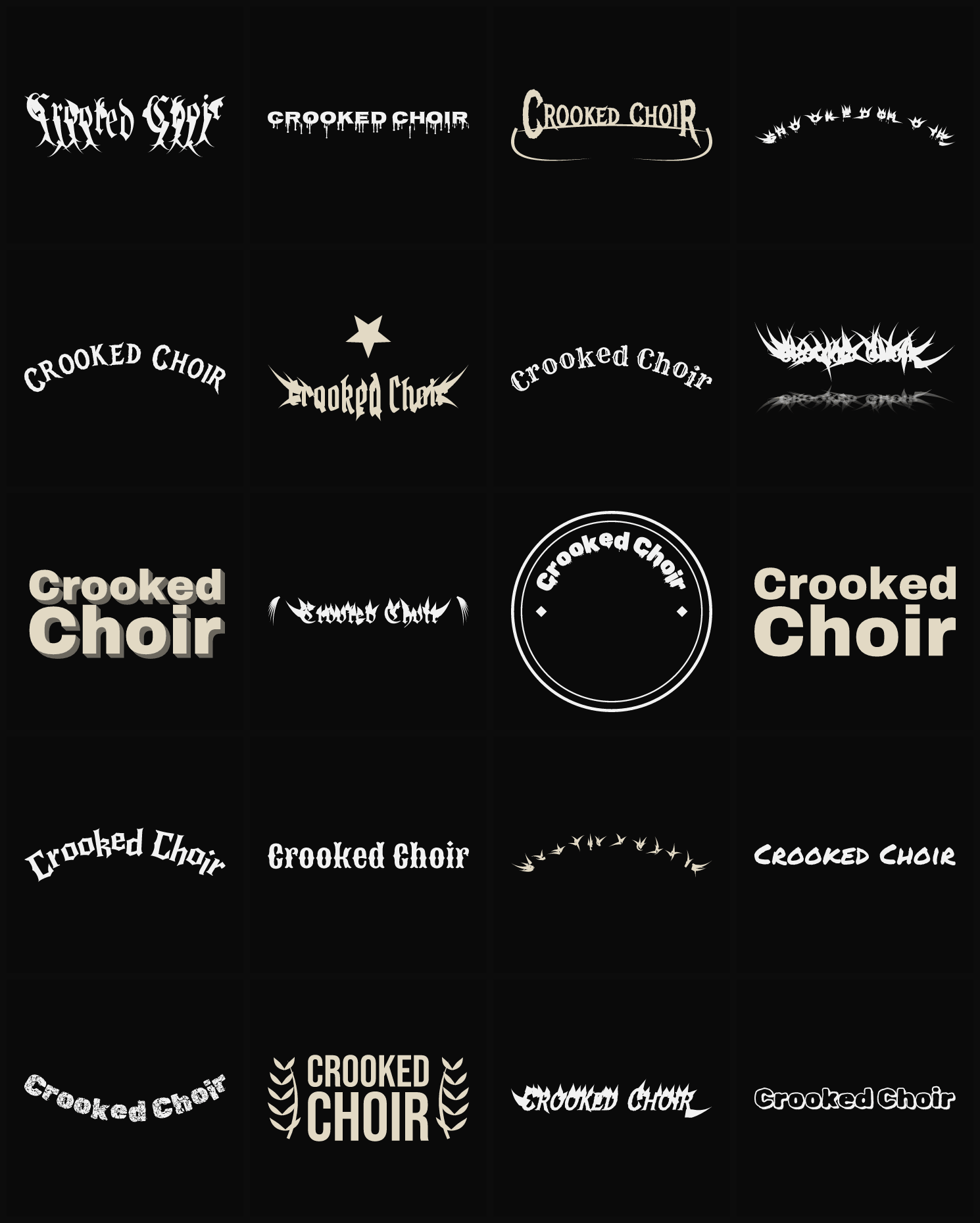 Twenty Crooked Choir band logo ideas — different faces, treatments and spike settings