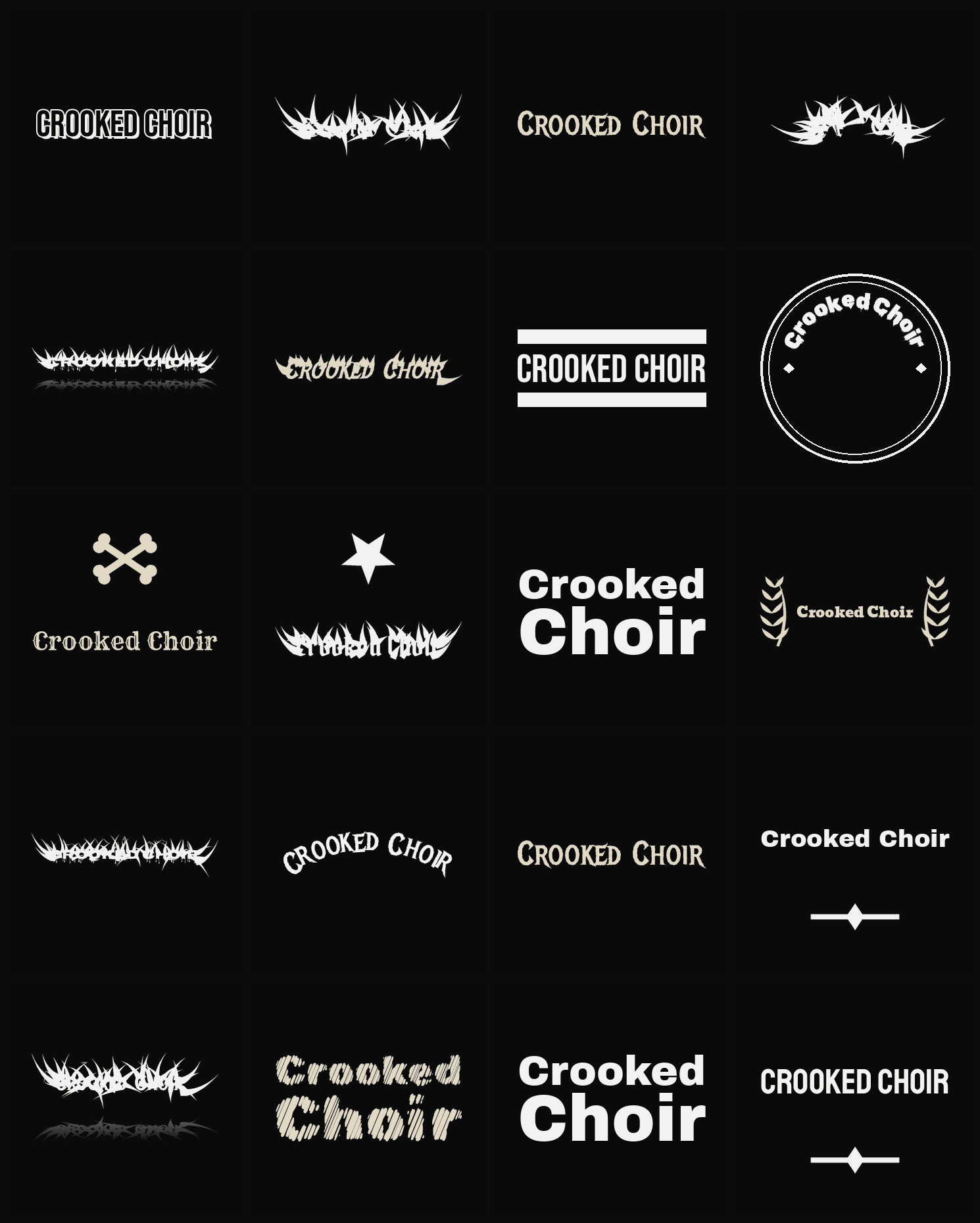 Twenty Crooked Choir band logo ideas — different faces, treatments and spike settings
