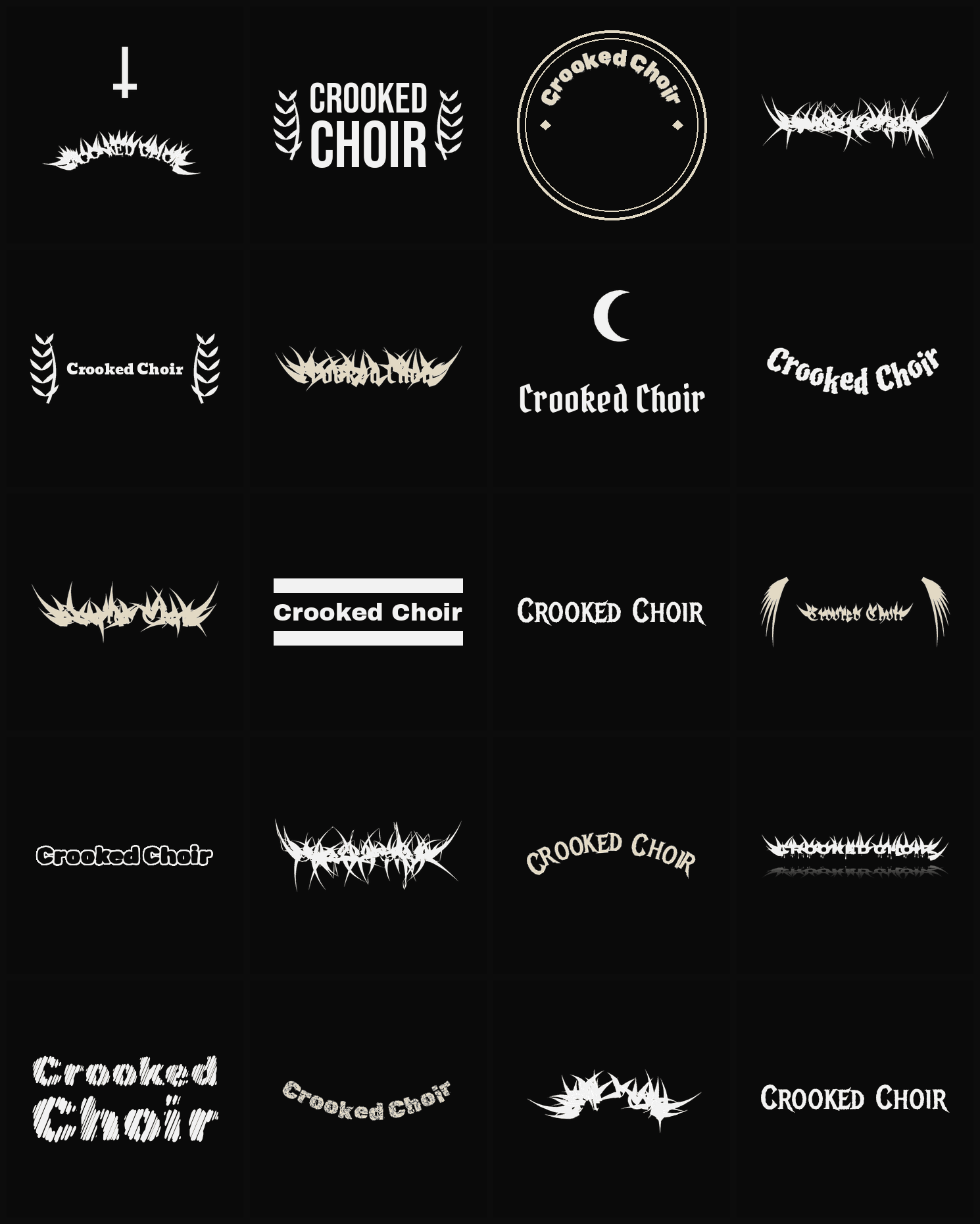 Twenty Crooked Choir band logo ideas — different faces, treatments and spike settings