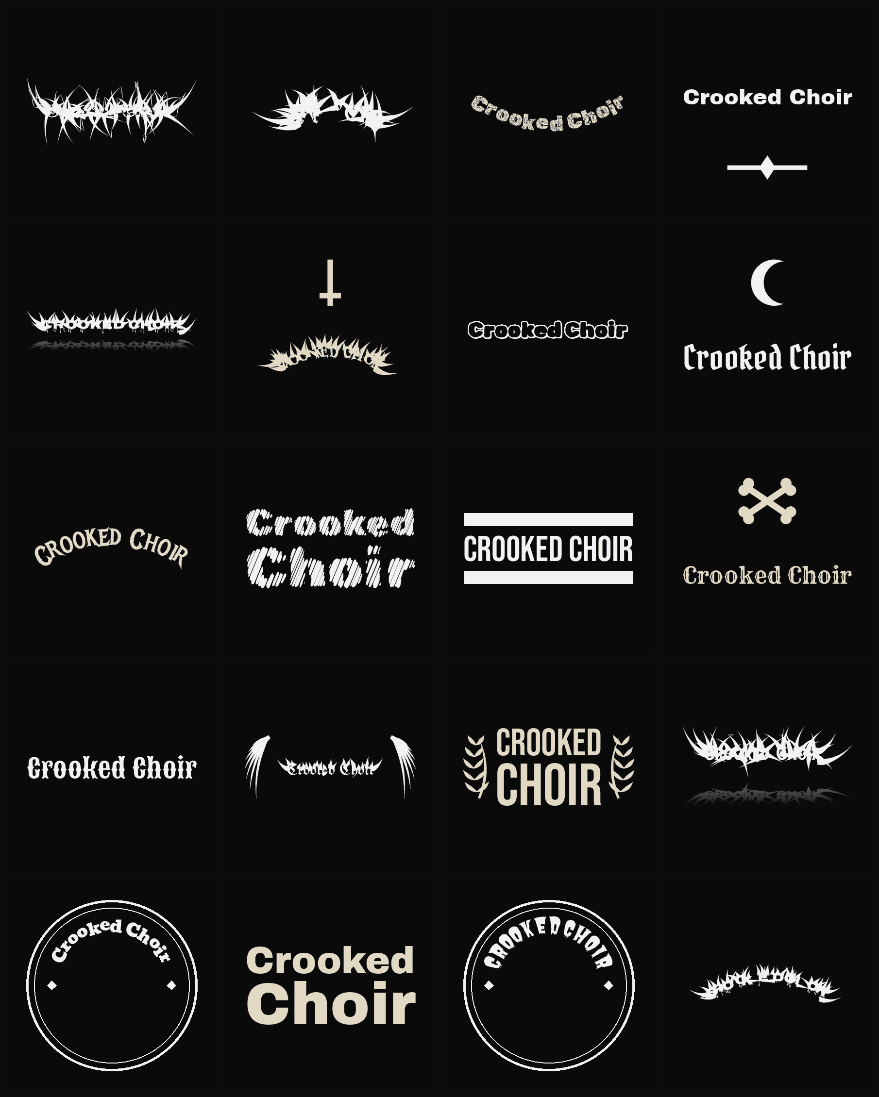 Twenty Crooked Choir band logo ideas — different faces, treatments and spike settings