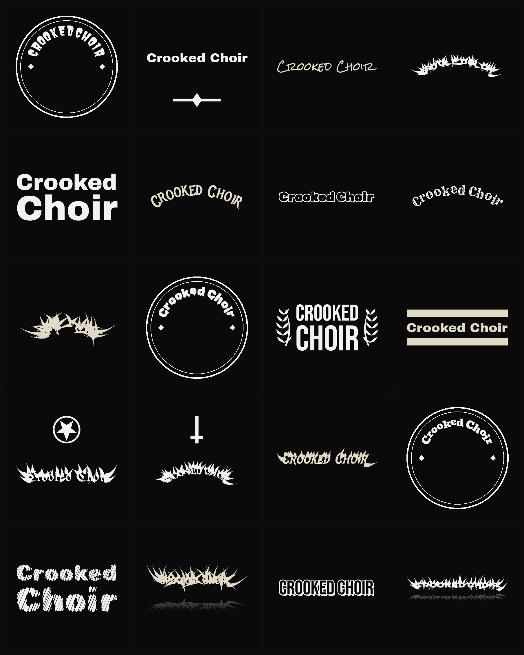 Twenty Crooked Choir band logo ideas — different faces, treatments and spike settings