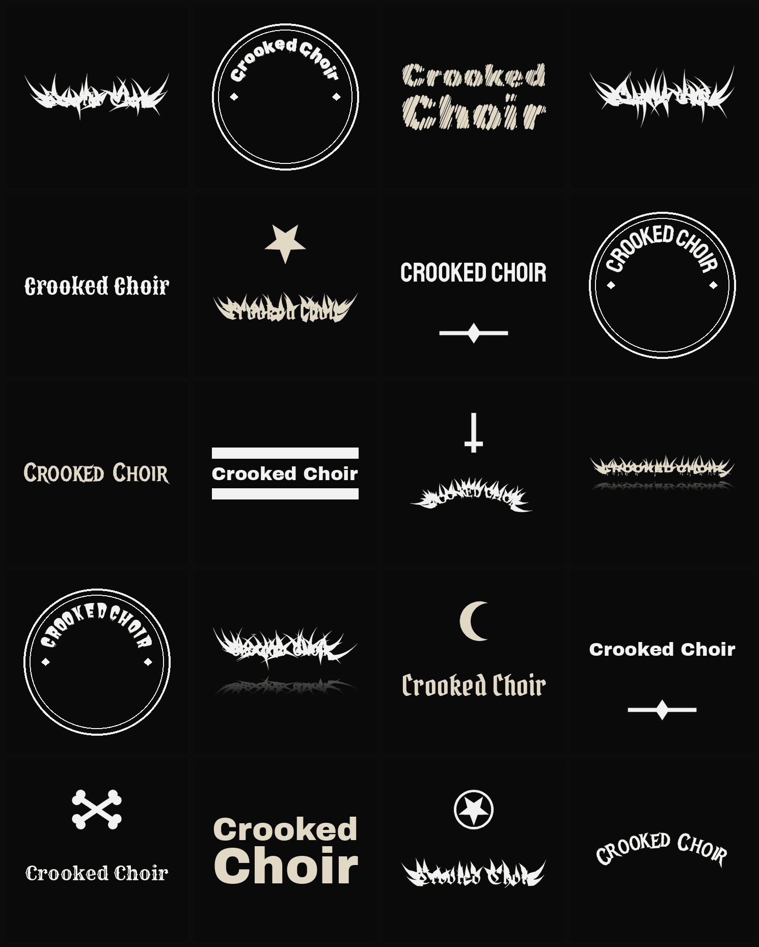 Twenty Crooked Choir band logo ideas — different faces, treatments and spike settings