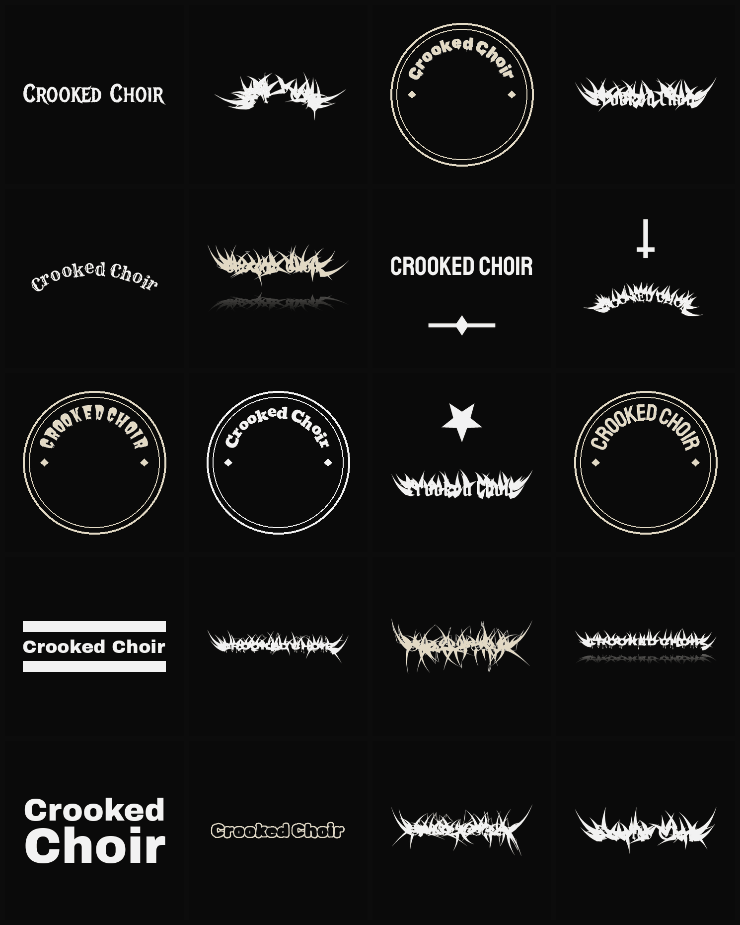 Twenty Crooked Choir band logo ideas — different faces, treatments and spike settings