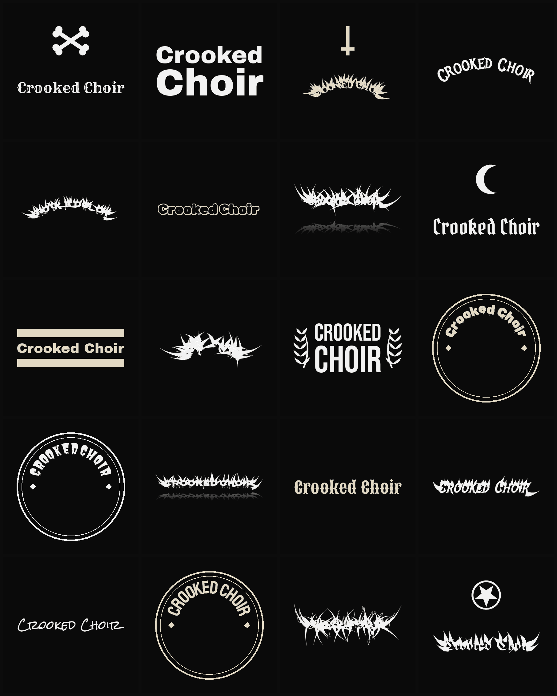 Twenty Crooked Choir band logo ideas — different faces, treatments and spike settings