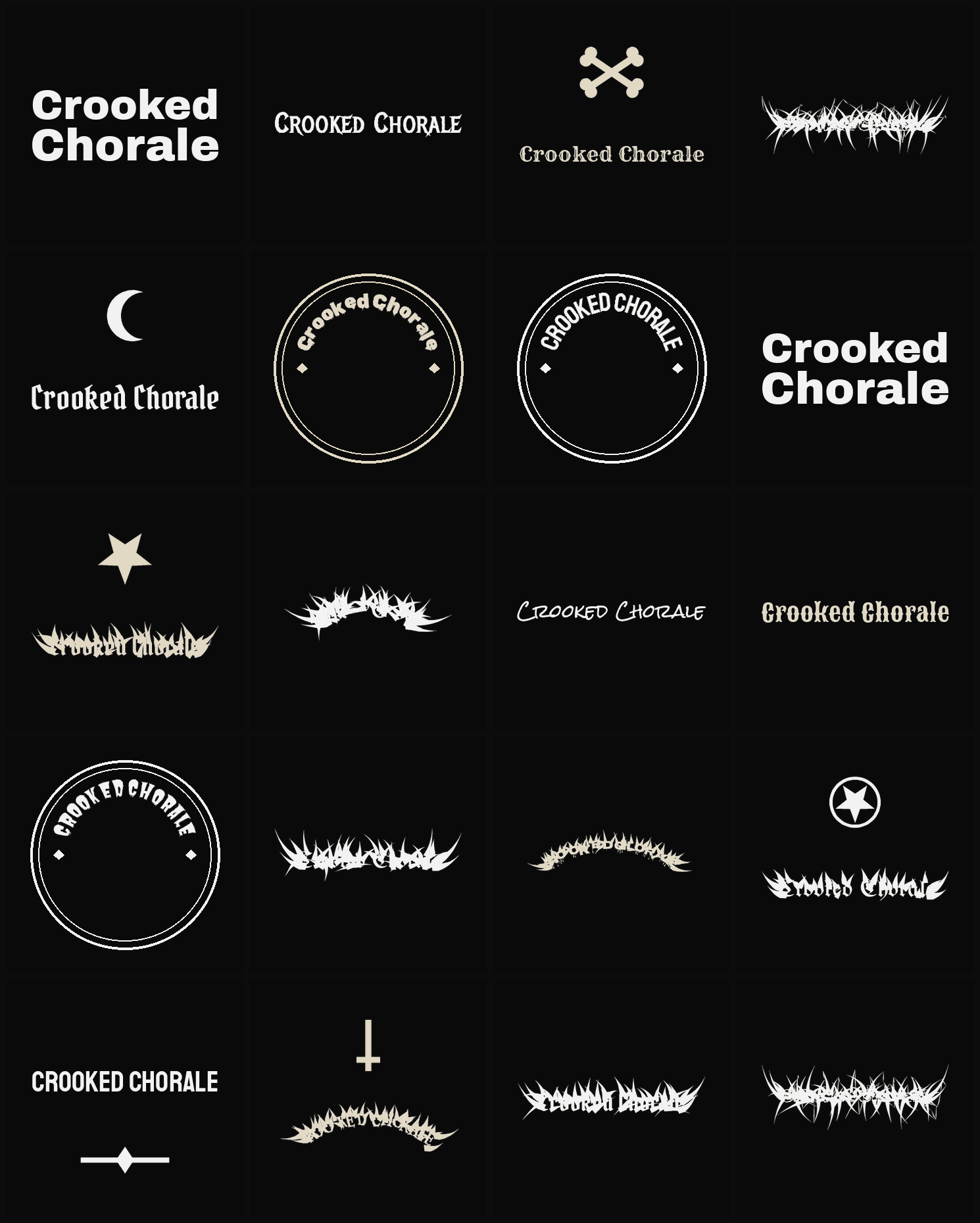 Twenty Crooked Chorale band logo ideas — different faces, treatments and spike settings