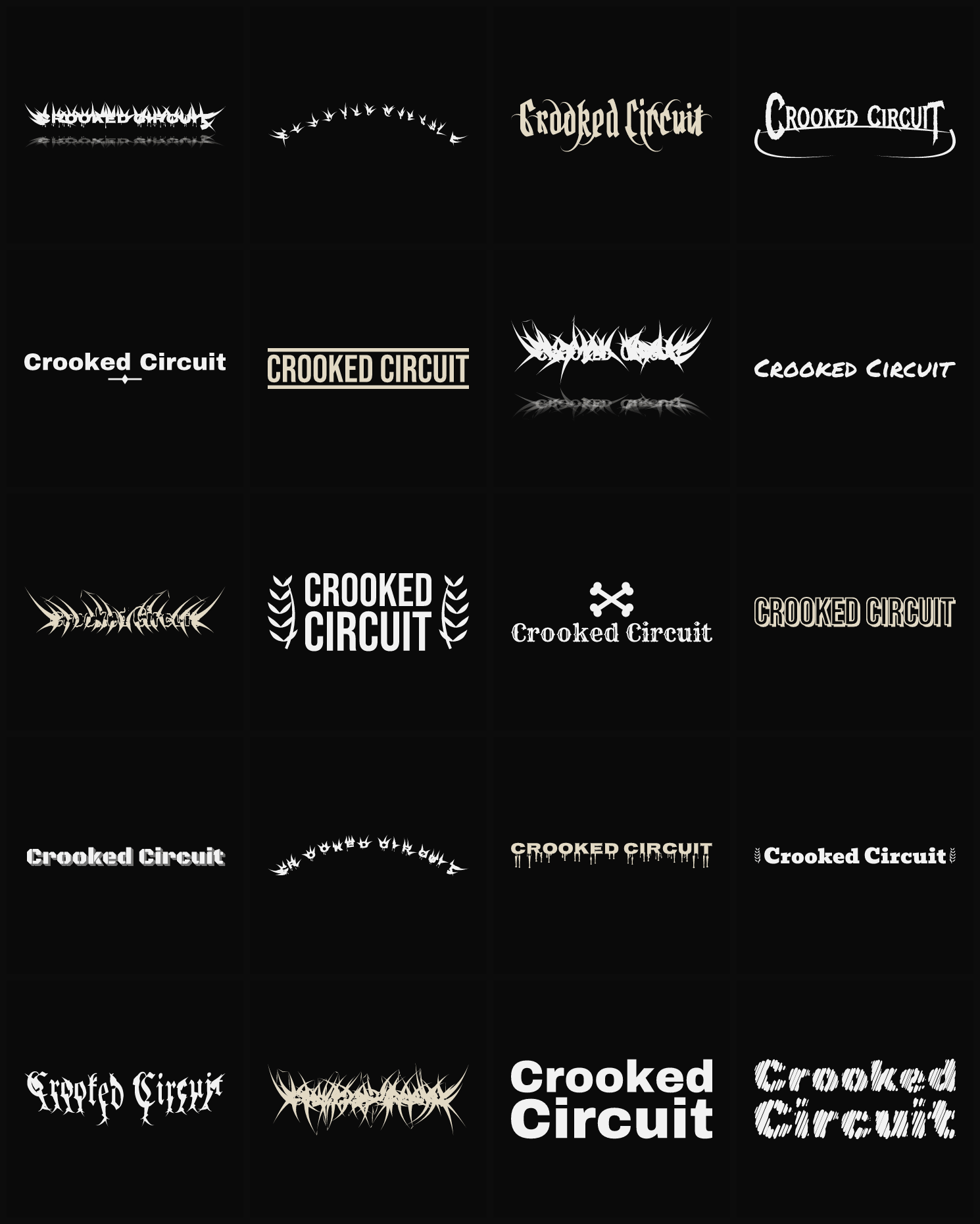 Twenty Crooked Circuit band logo ideas — different faces, treatments and spike settings
