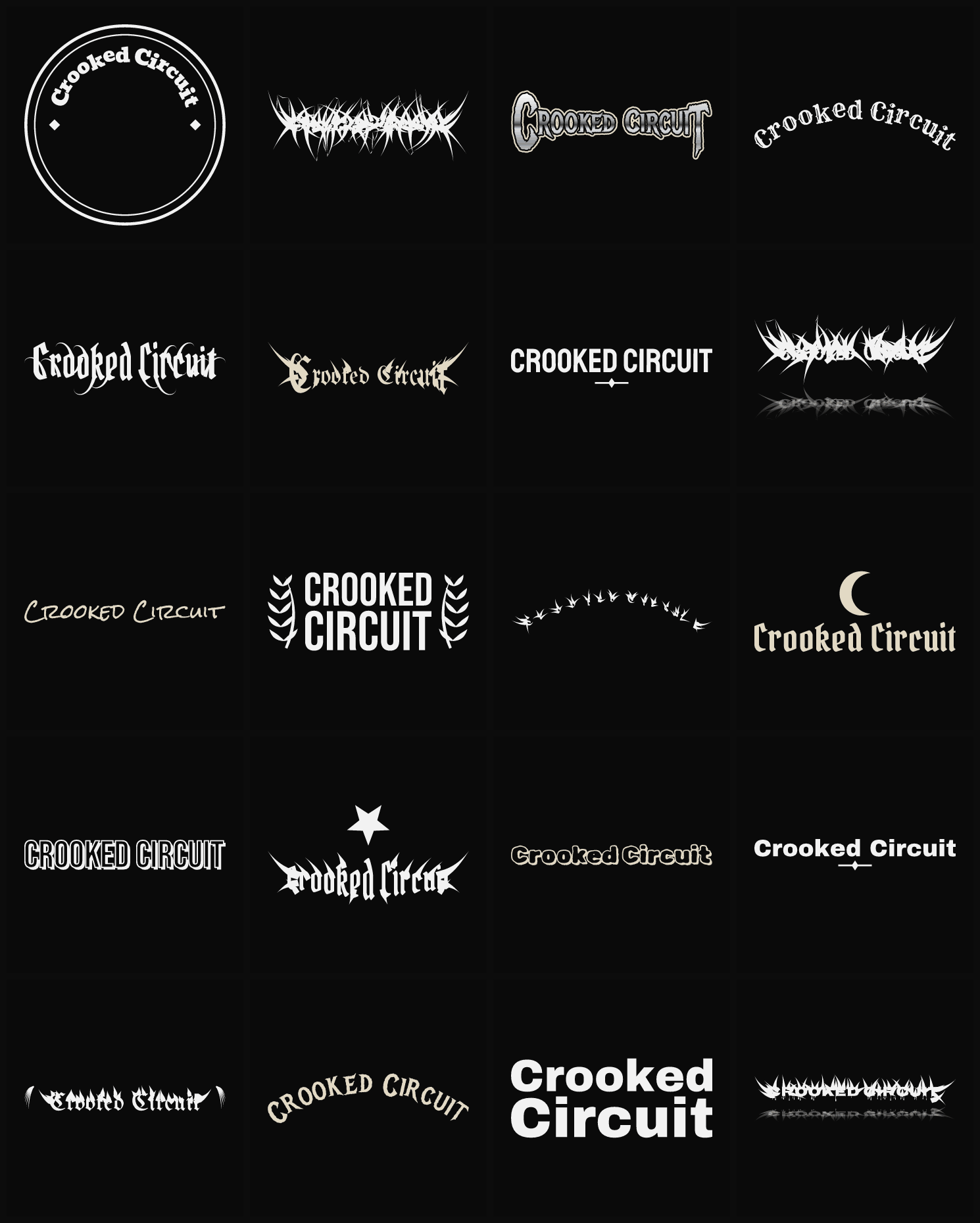 Twenty Crooked Circuit band logo ideas — different faces, treatments and spike settings