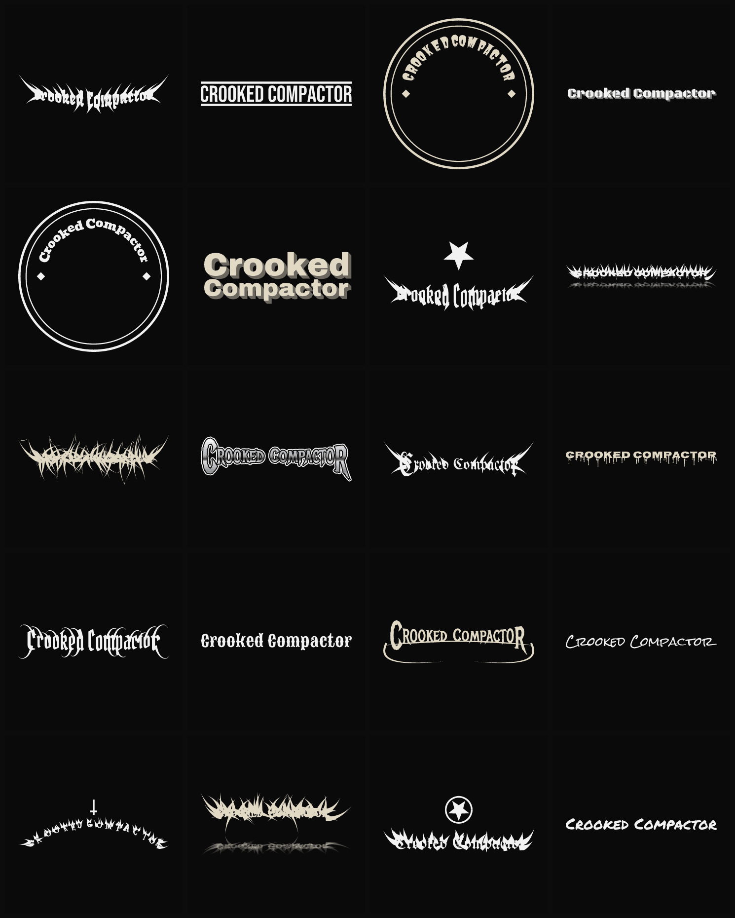 Twenty Crooked Compactor band logo ideas — different faces, treatments and spike settings