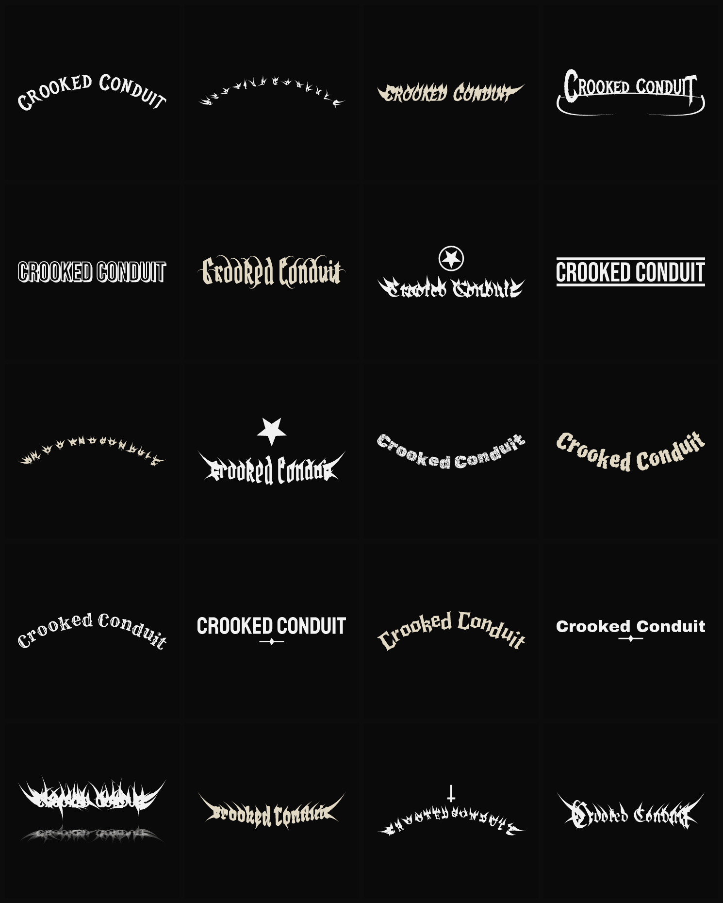 Twenty Crooked Conduit band logo ideas — different faces, treatments and spike settings