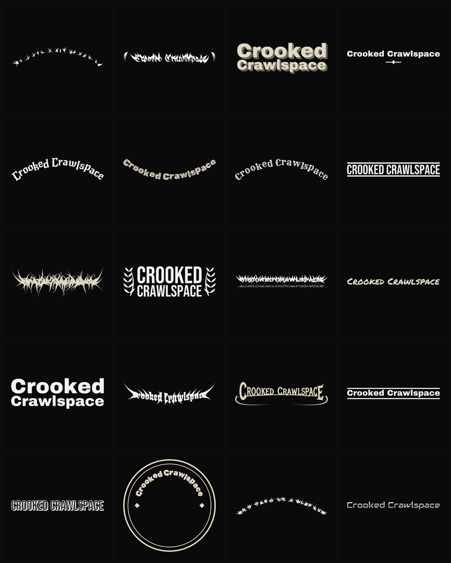 Twenty Crooked Crawlspace band logo ideas — different faces, treatments and spike settings