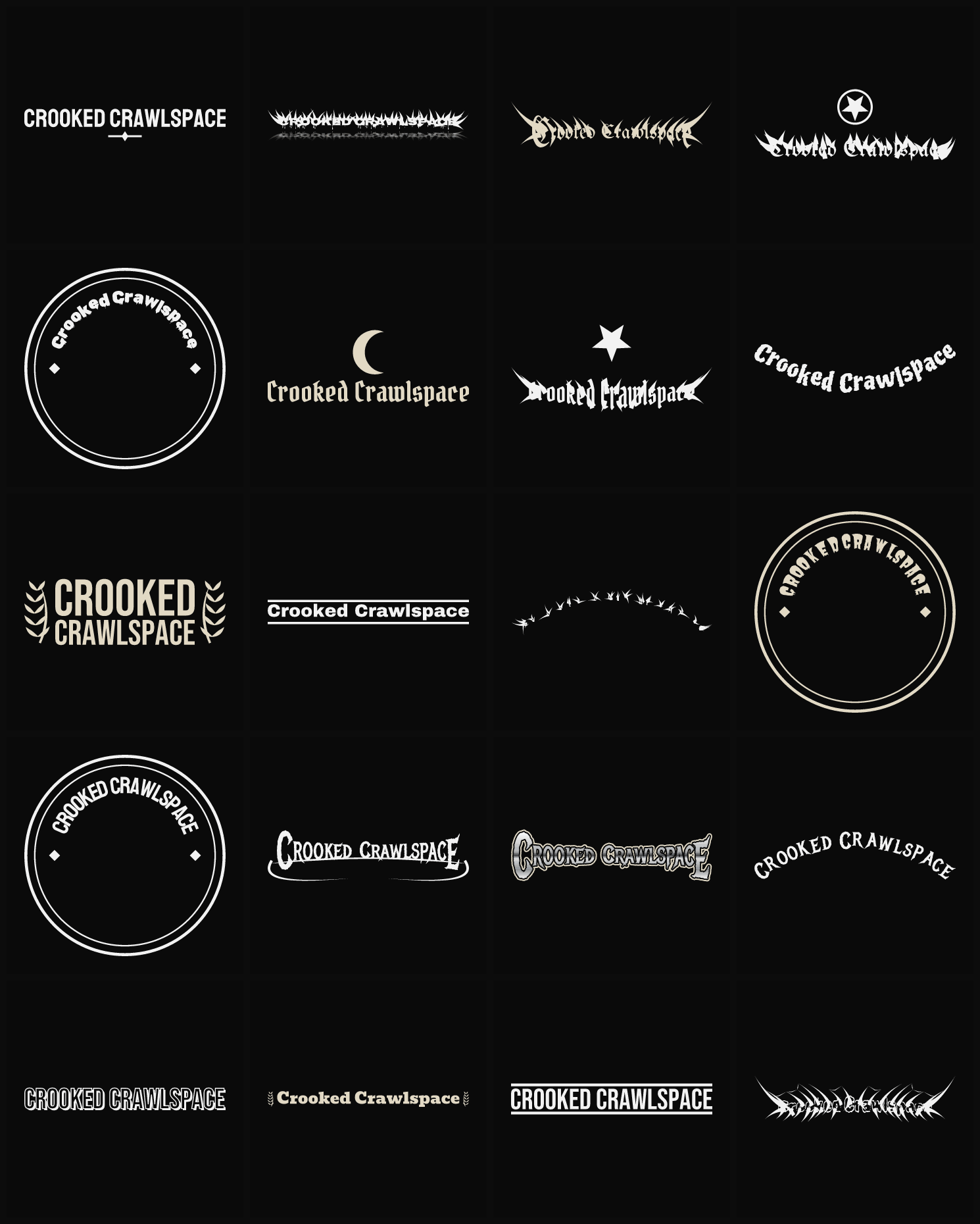 Twenty Crooked Crawlspace band logo ideas — different faces, treatments and spike settings