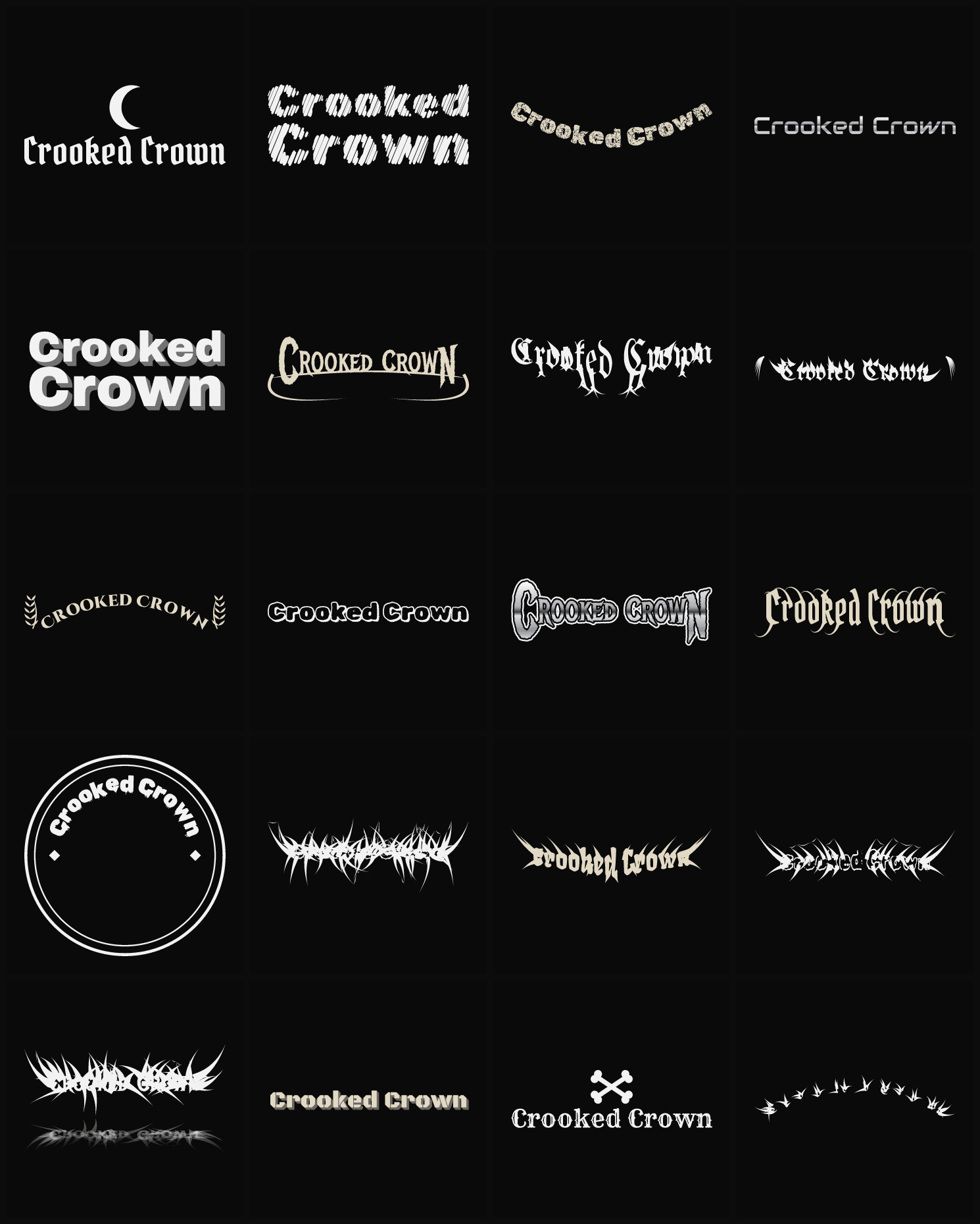 Twenty Crooked Crown band logo ideas — different faces, treatments and spike settings