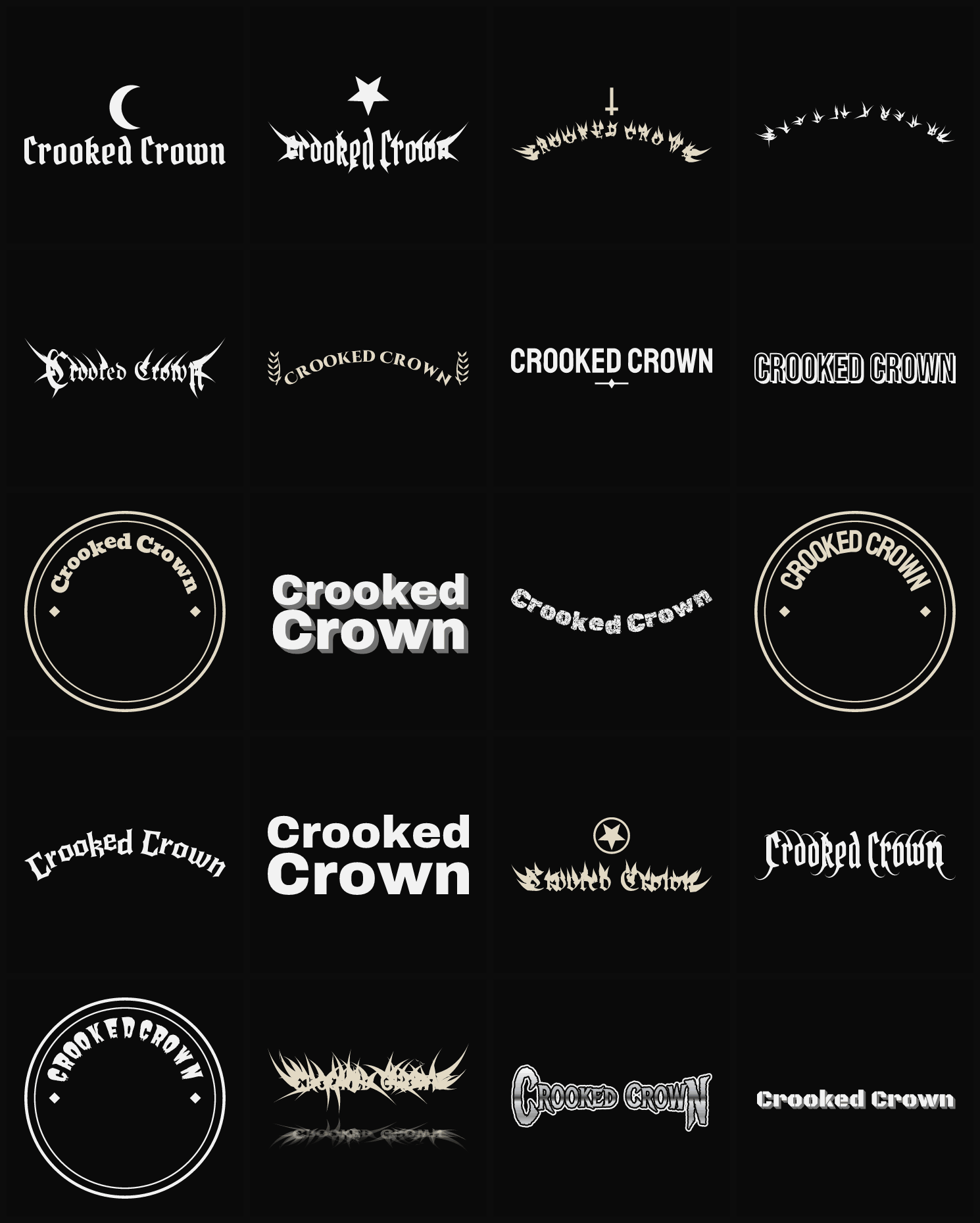 Twenty Crooked Crown band logo ideas — different faces, treatments and spike settings