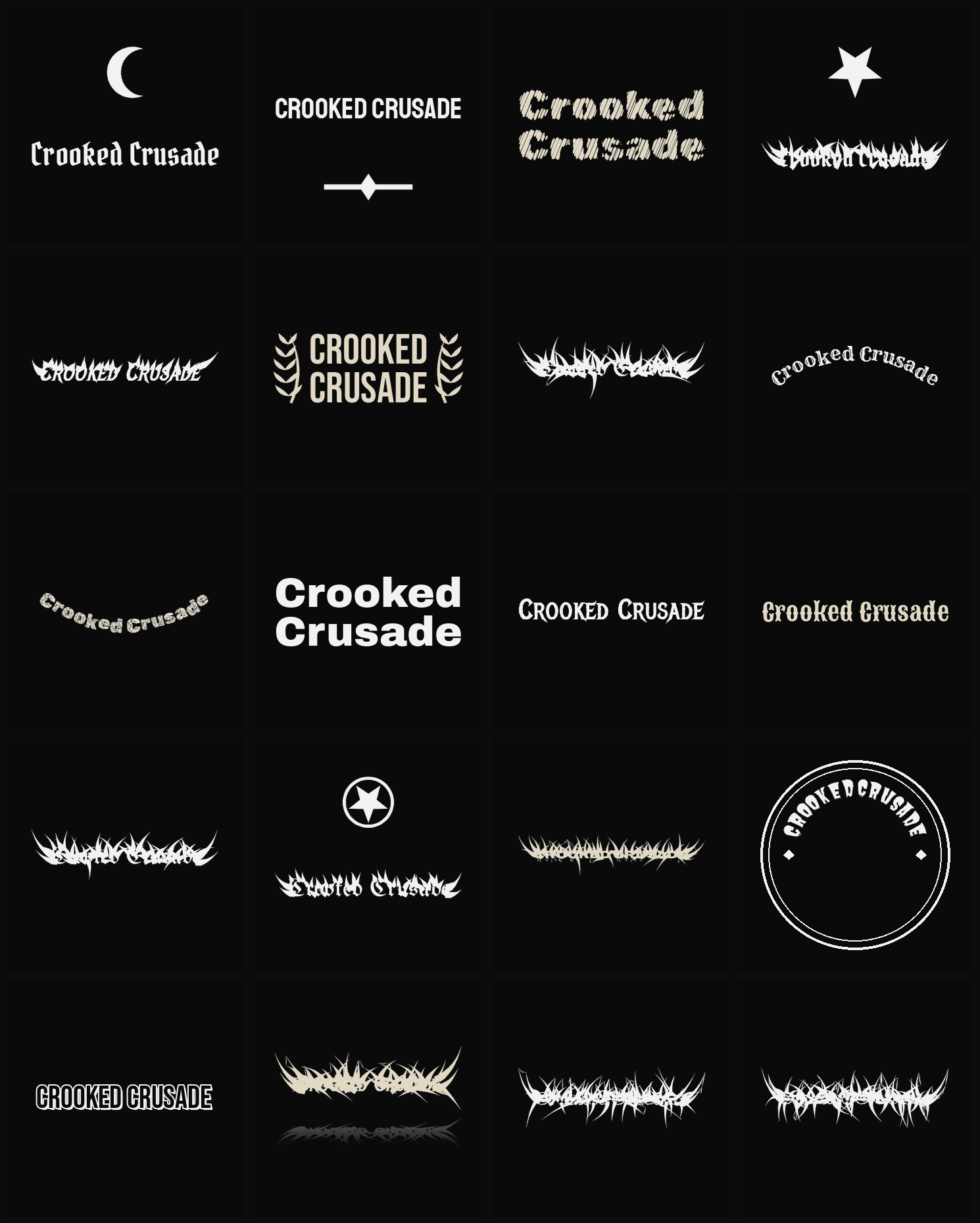 Twenty Crooked Crusade band logo ideas — different faces, treatments and spike settings