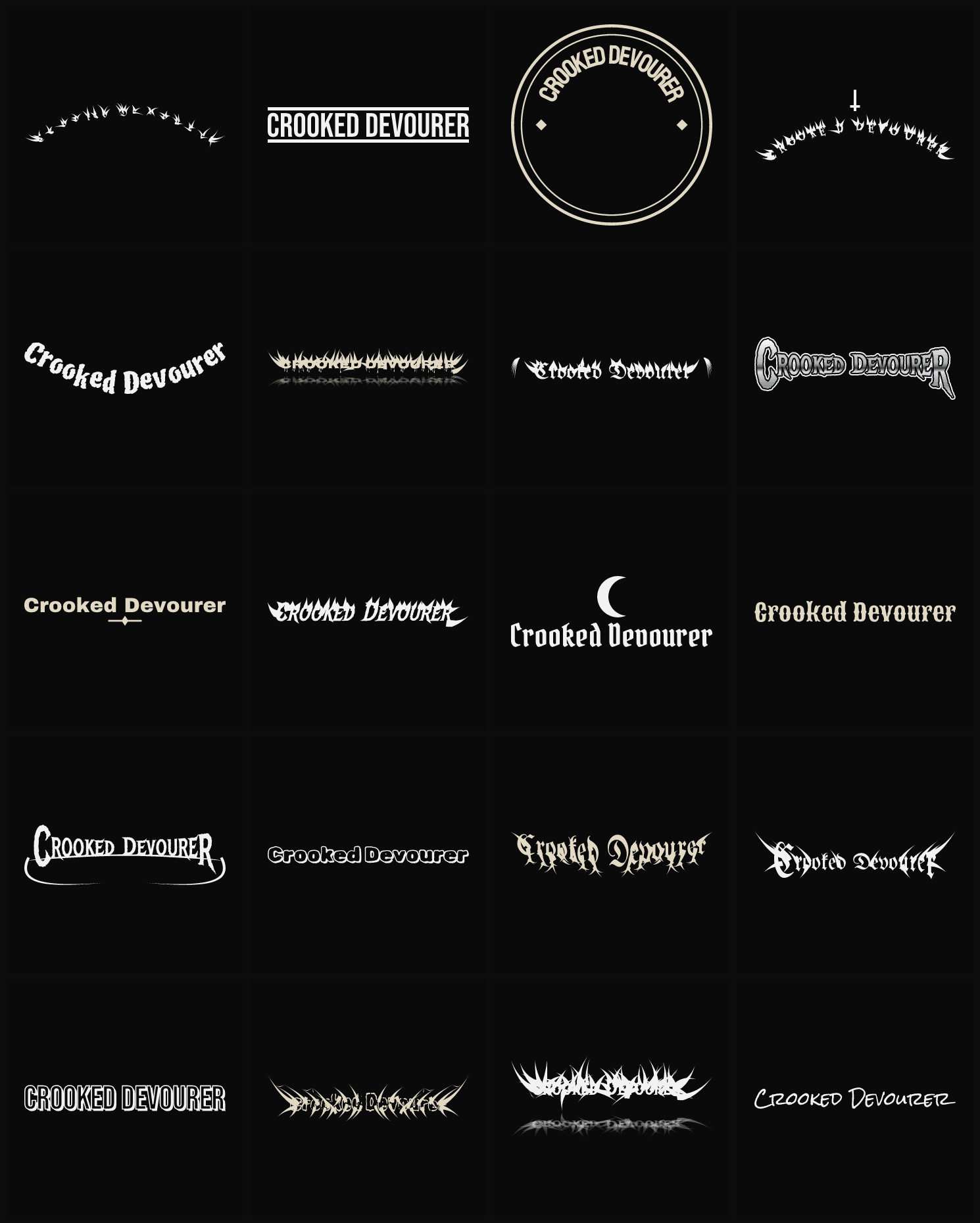Twenty Crooked Devourer band logo ideas — different faces, treatments and spike settings