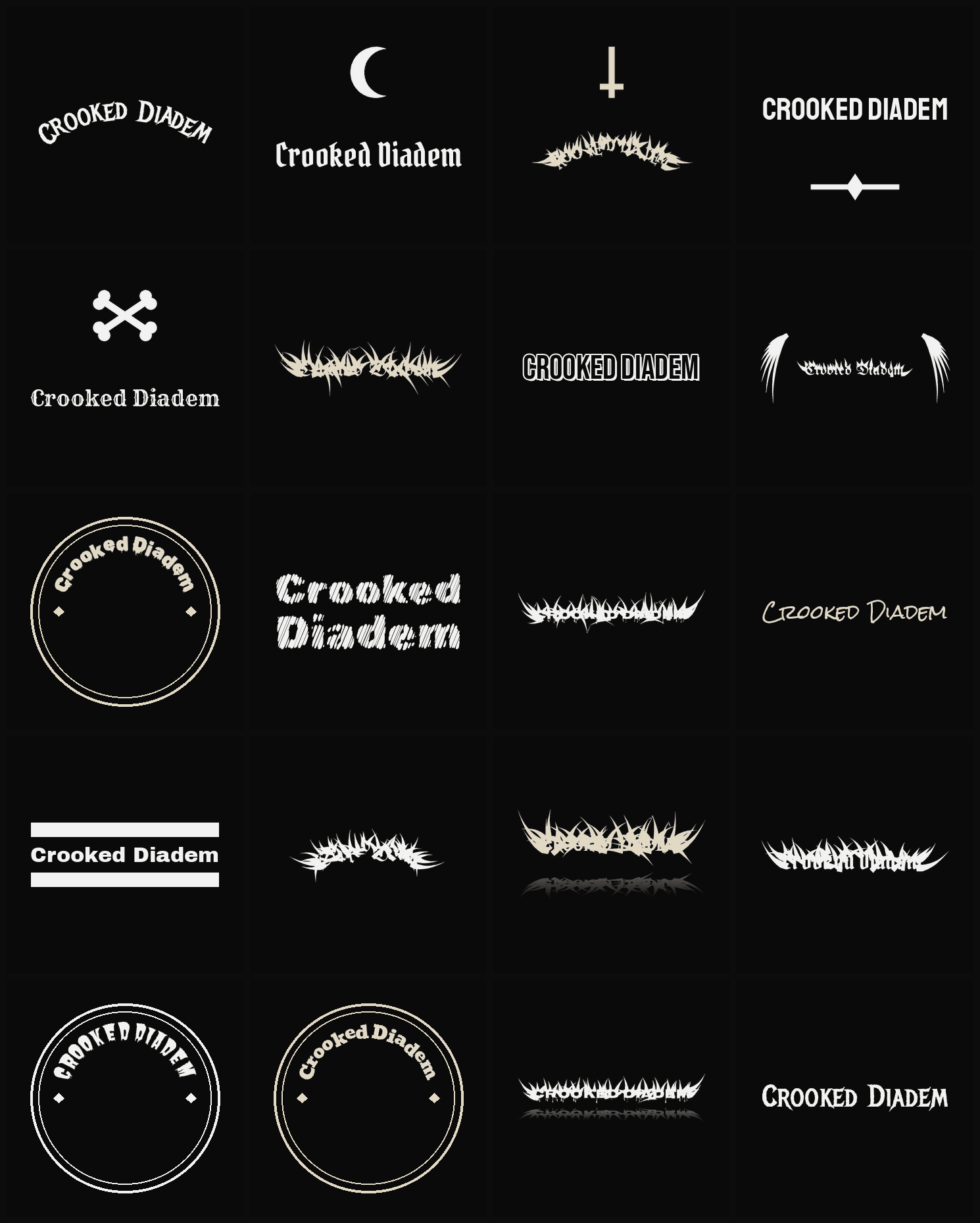Twenty Crooked Diadem band logo ideas — different faces, treatments and spike settings