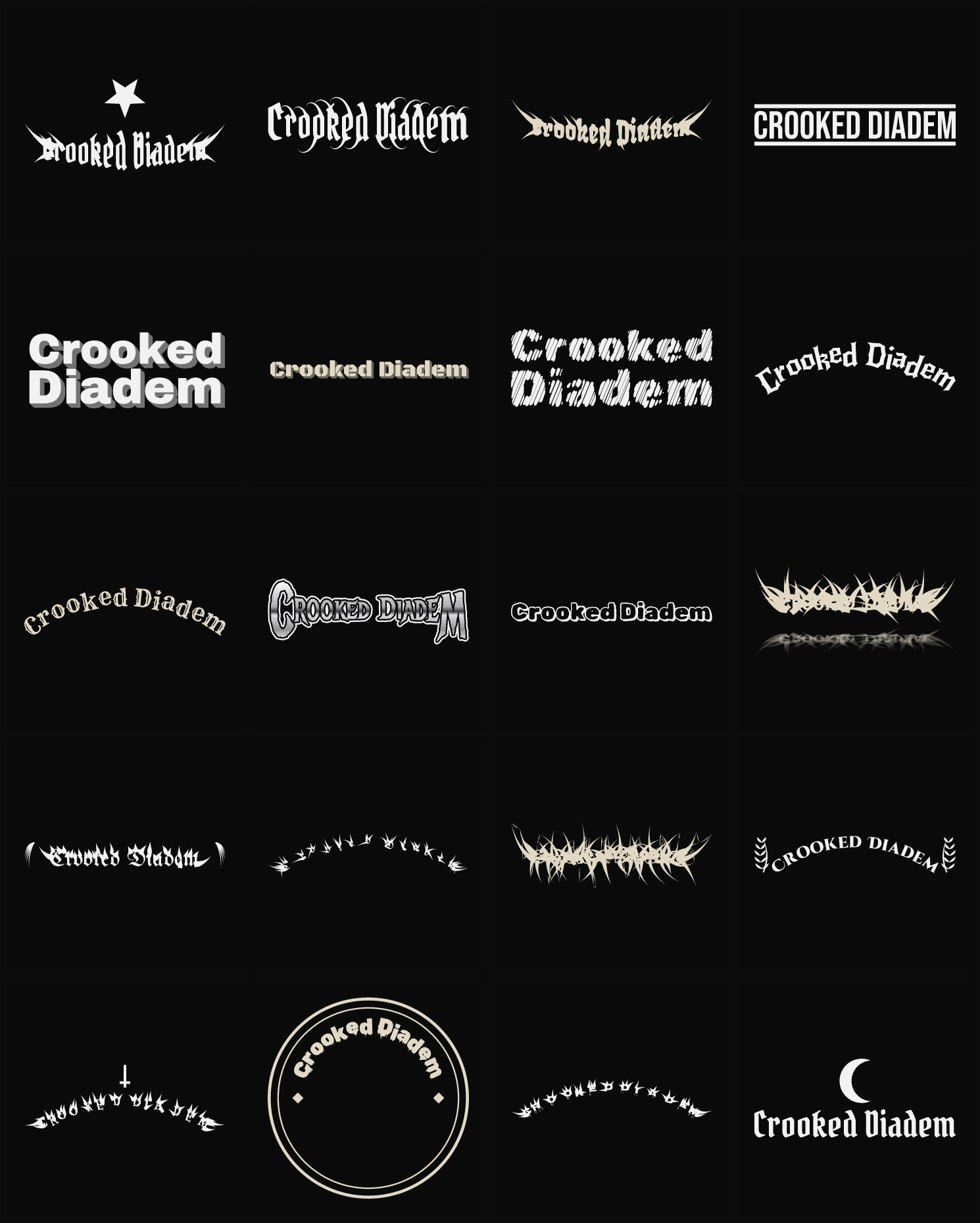 Twenty Crooked Diadem band logo ideas — different faces, treatments and spike settings