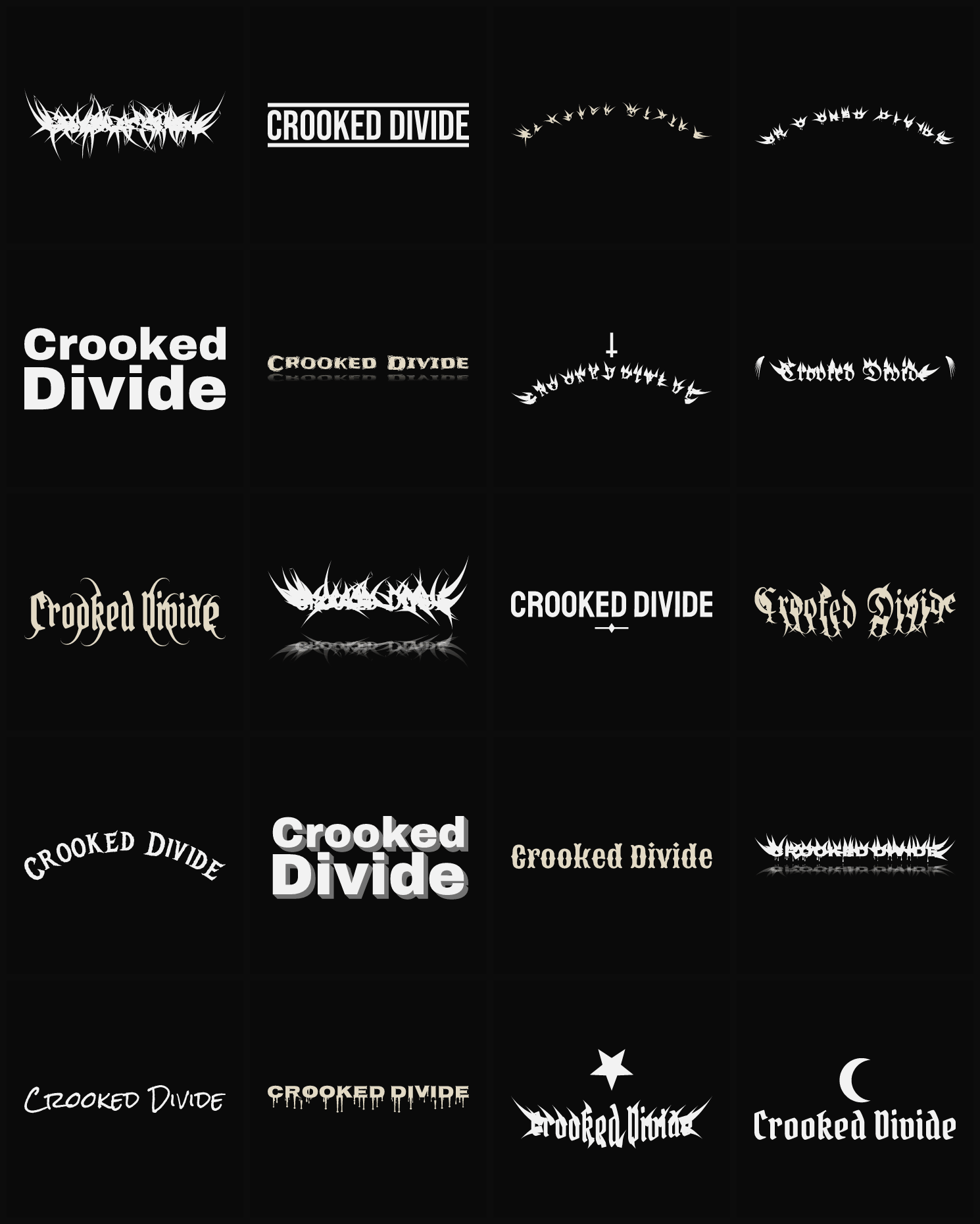 Twenty Crooked Divide band logo ideas — different faces, treatments and spike settings