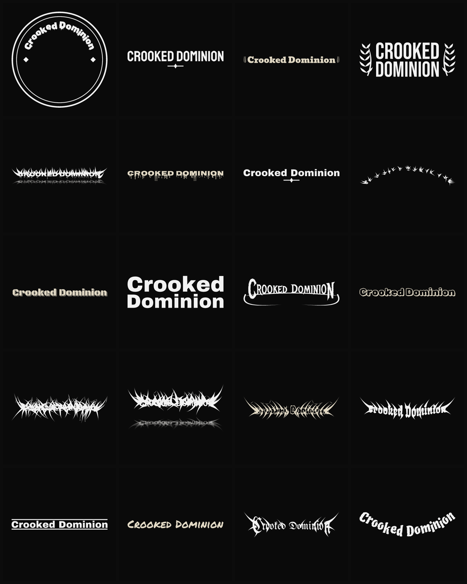Twenty Crooked Dominion band logo ideas — different faces, treatments and spike settings