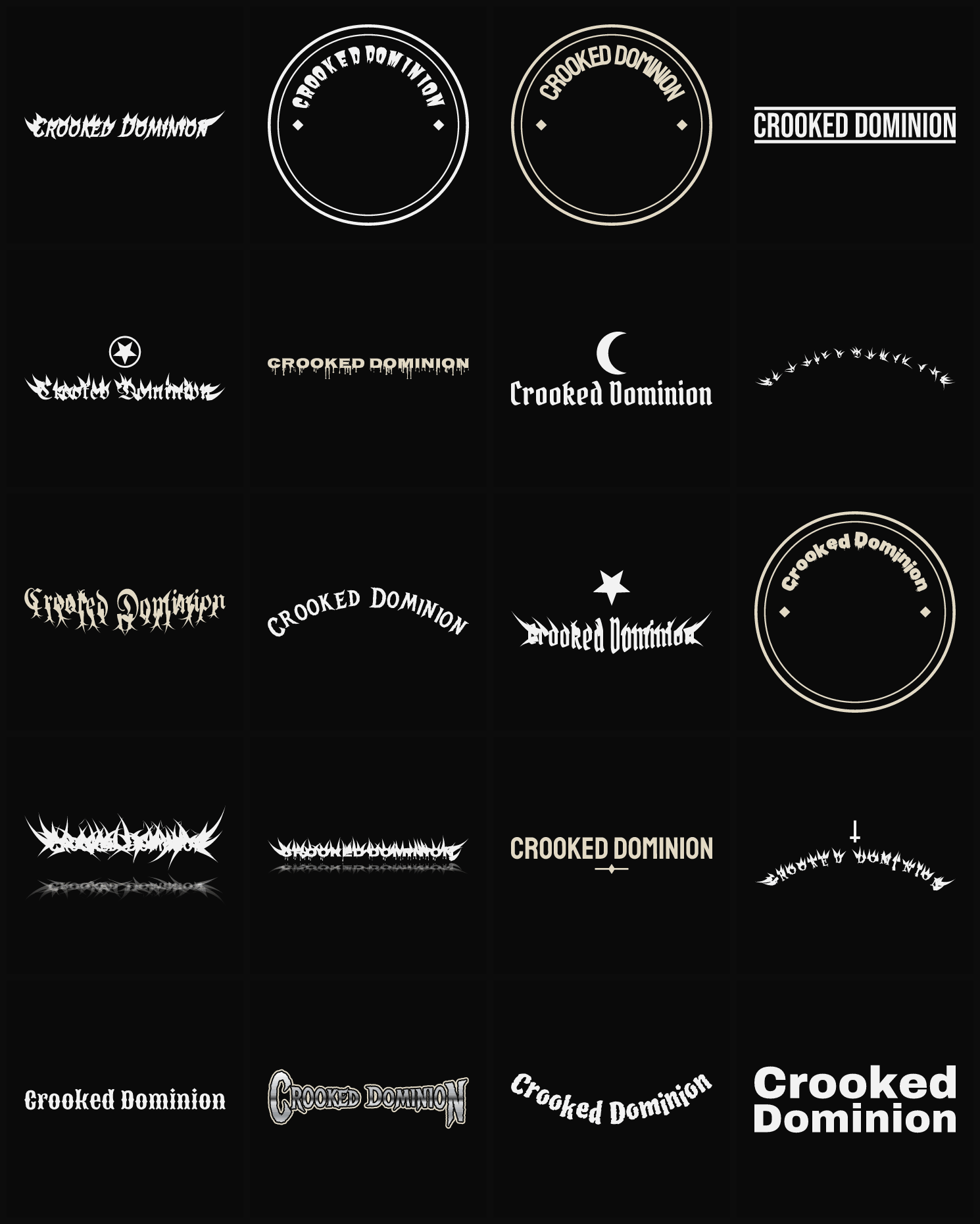 Twenty Crooked Dominion band logo ideas — different faces, treatments and spike settings