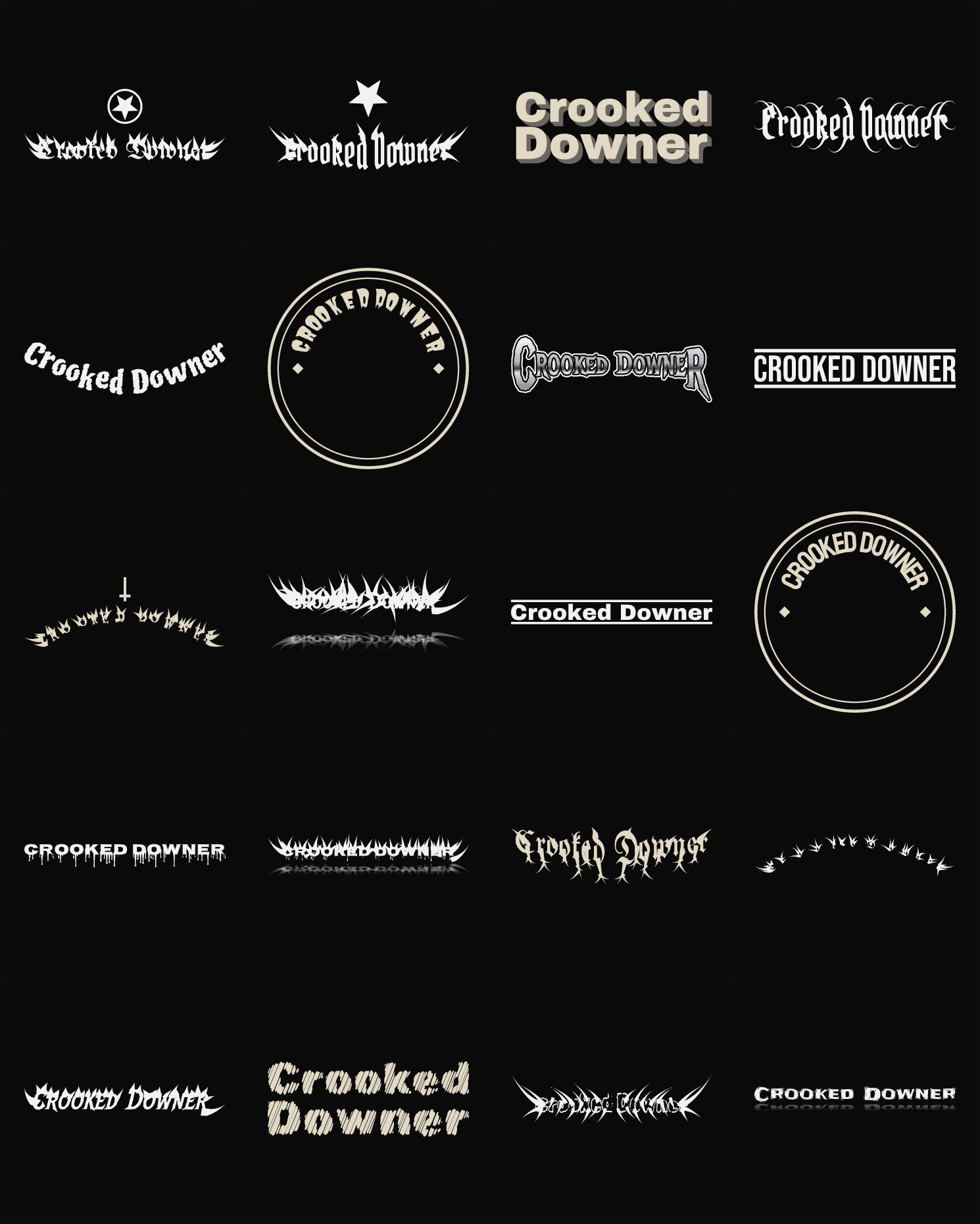 Twenty Crooked Downer band logo ideas — different faces, treatments and spike settings