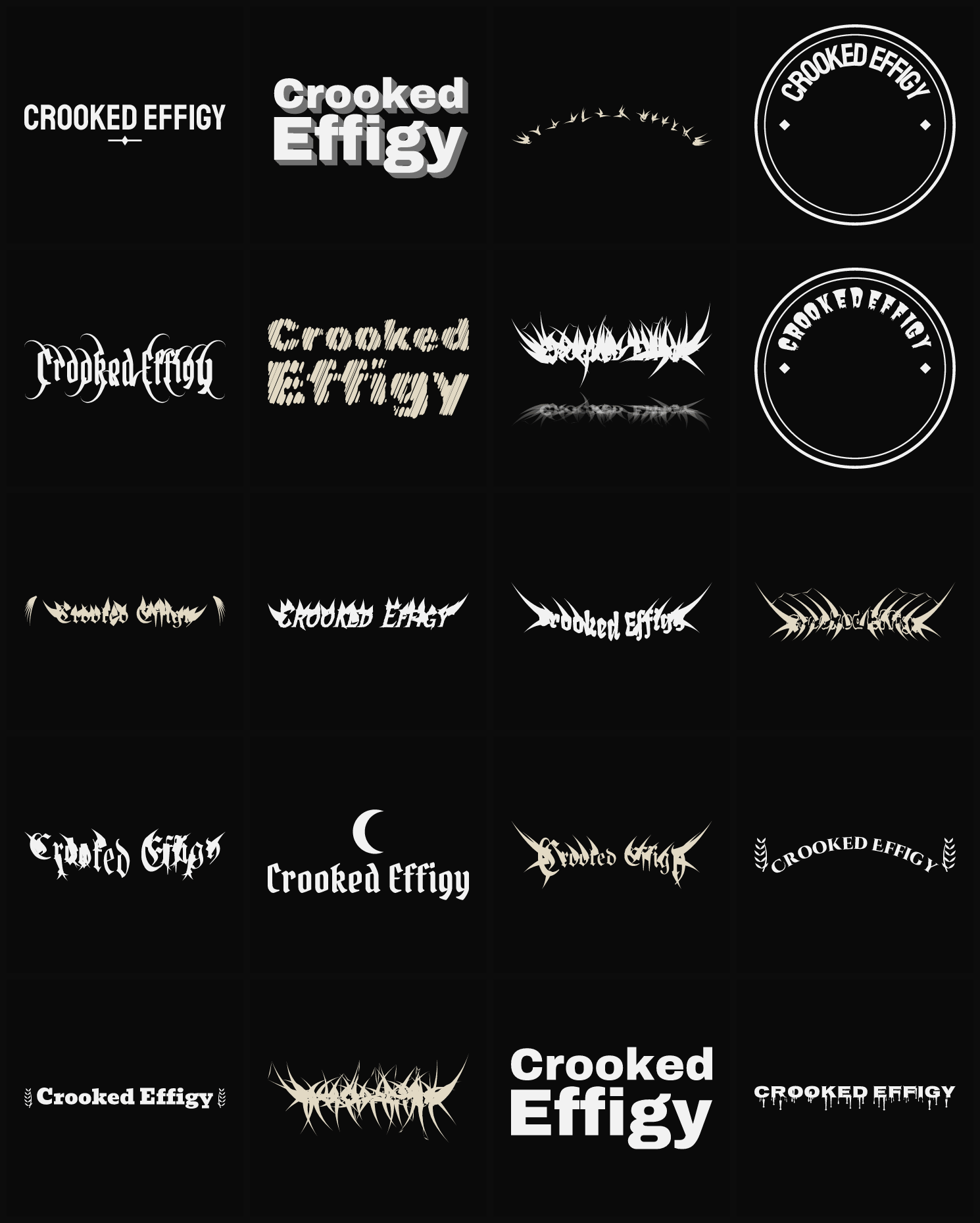 Twenty Crooked Effigy band logo ideas — different faces, treatments and spike settings