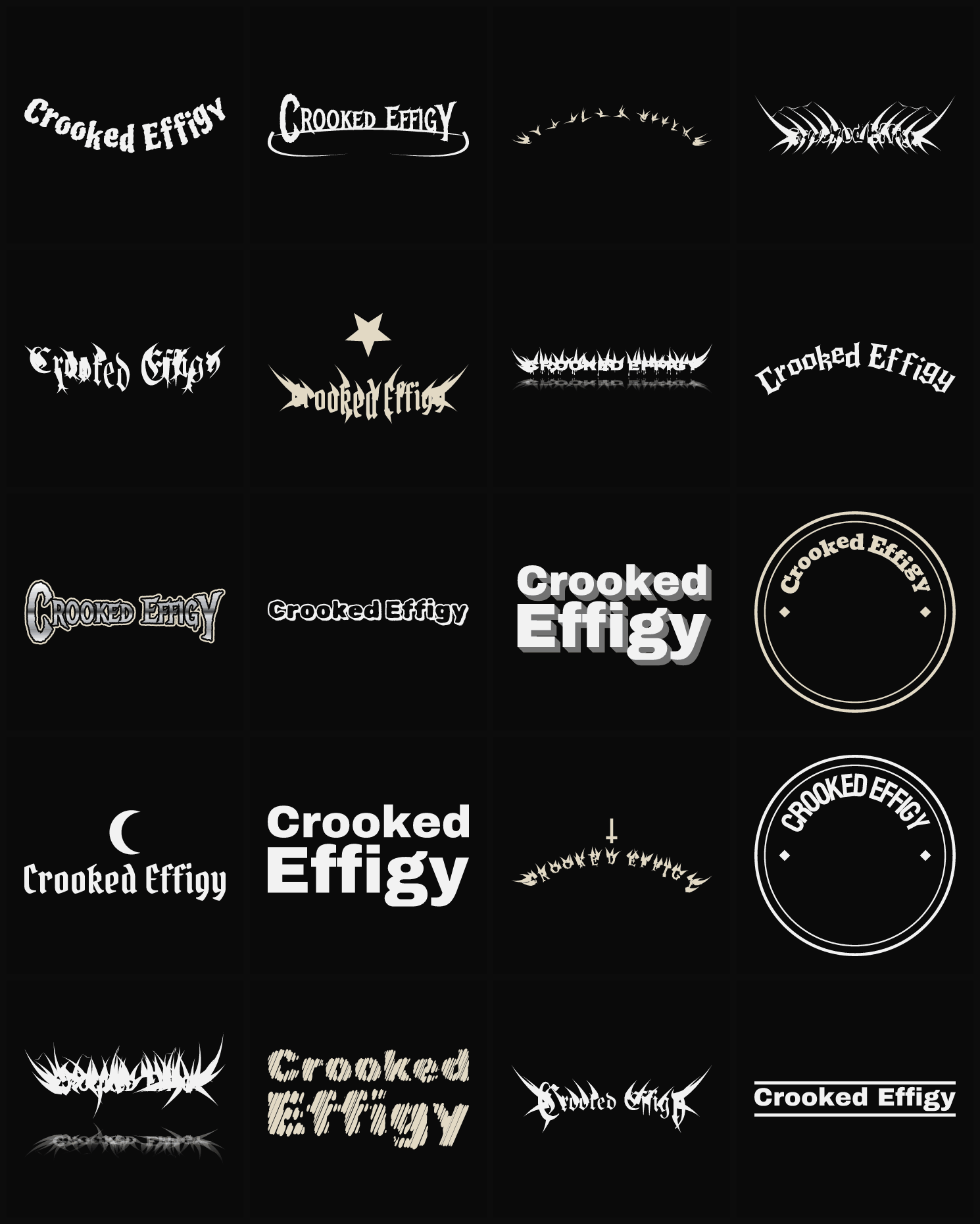 Twenty Crooked Effigy band logo ideas — different faces, treatments and spike settings