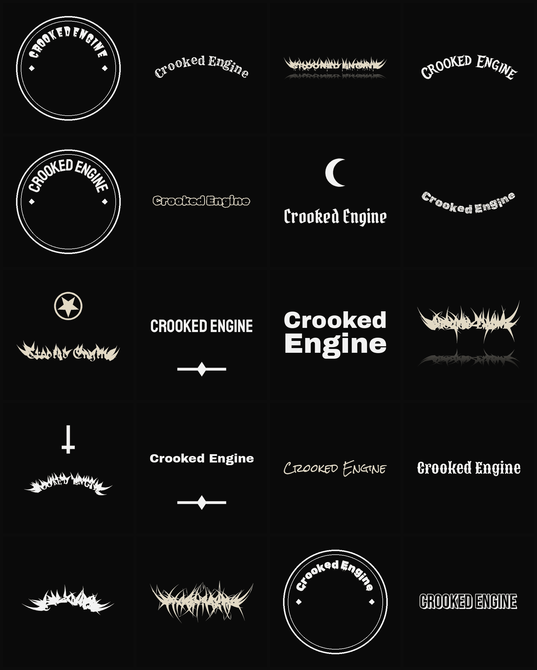 Twenty Crooked Engine band logo ideas — different faces, treatments and spike settings