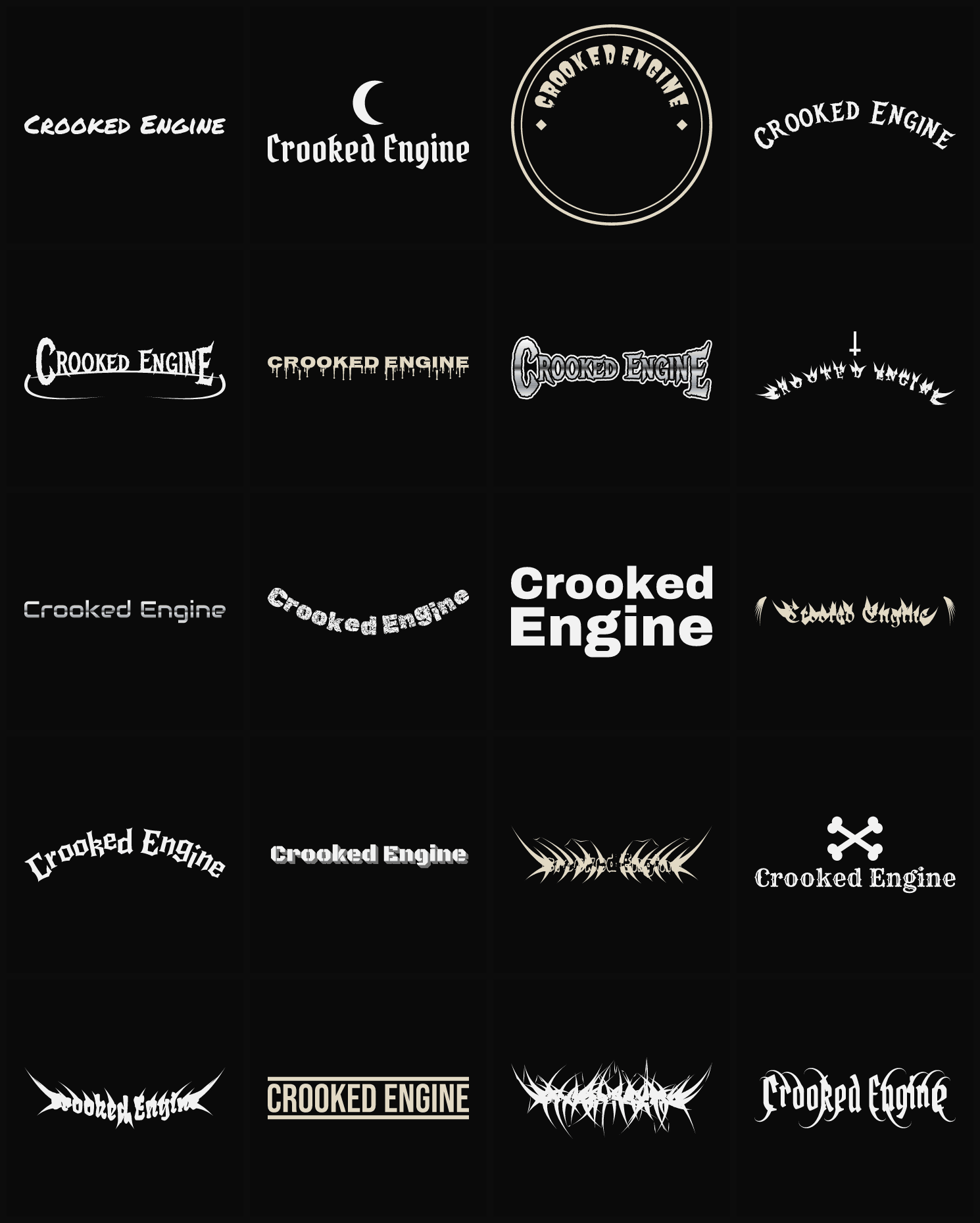 Twenty Crooked Engine band logo ideas — different faces, treatments and spike settings