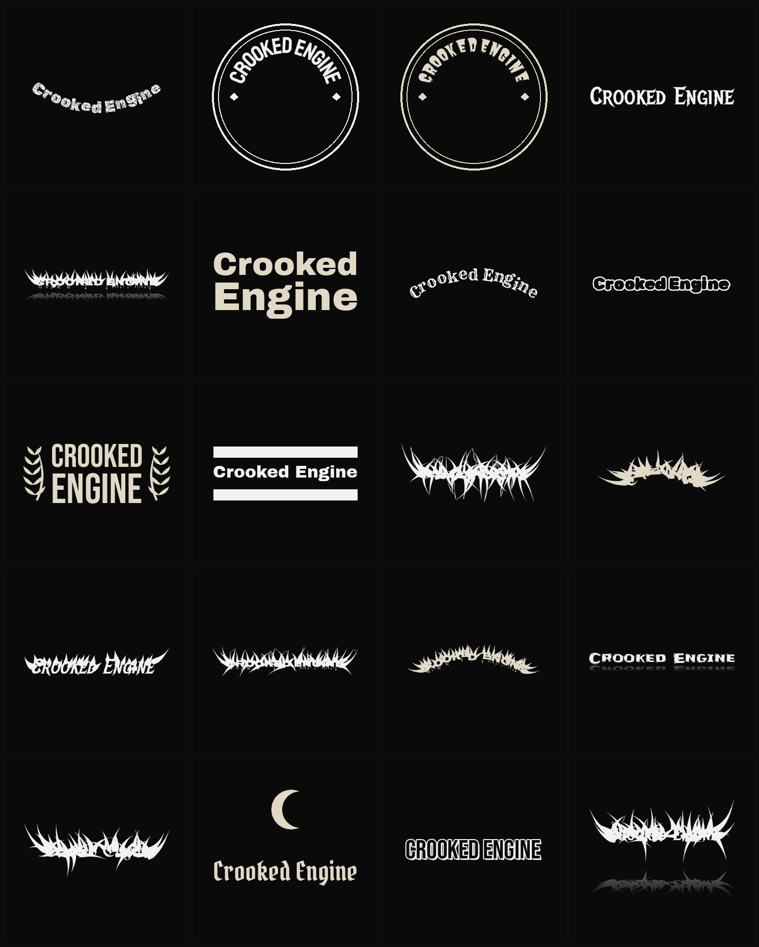 Twenty Crooked Engine band logo ideas — different faces, treatments and spike settings