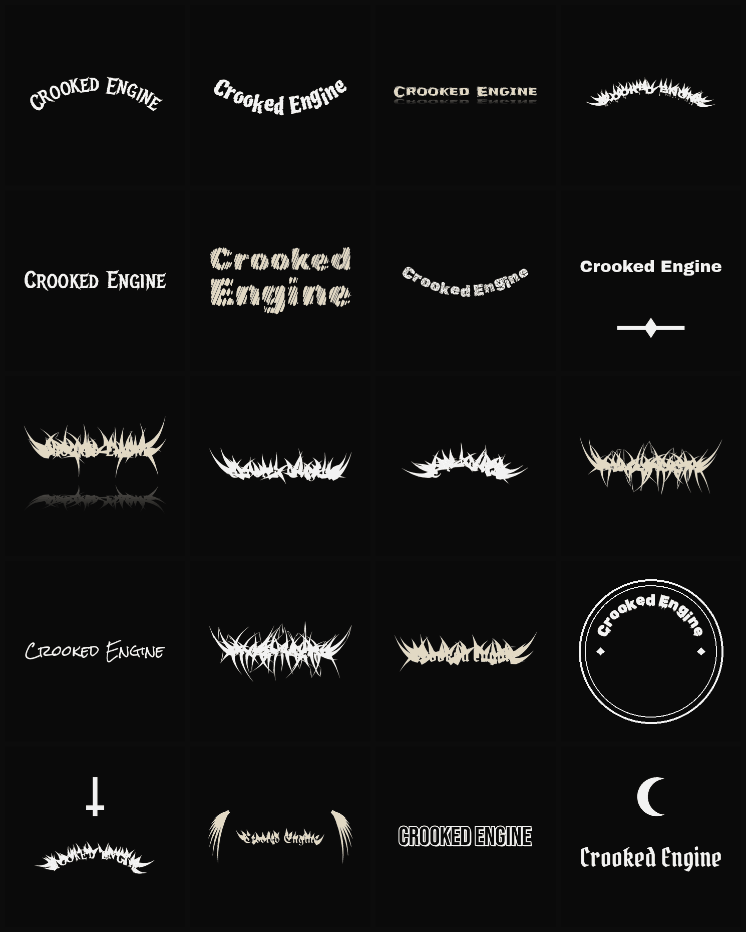 Twenty Crooked Engine band logo ideas — different faces, treatments and spike settings