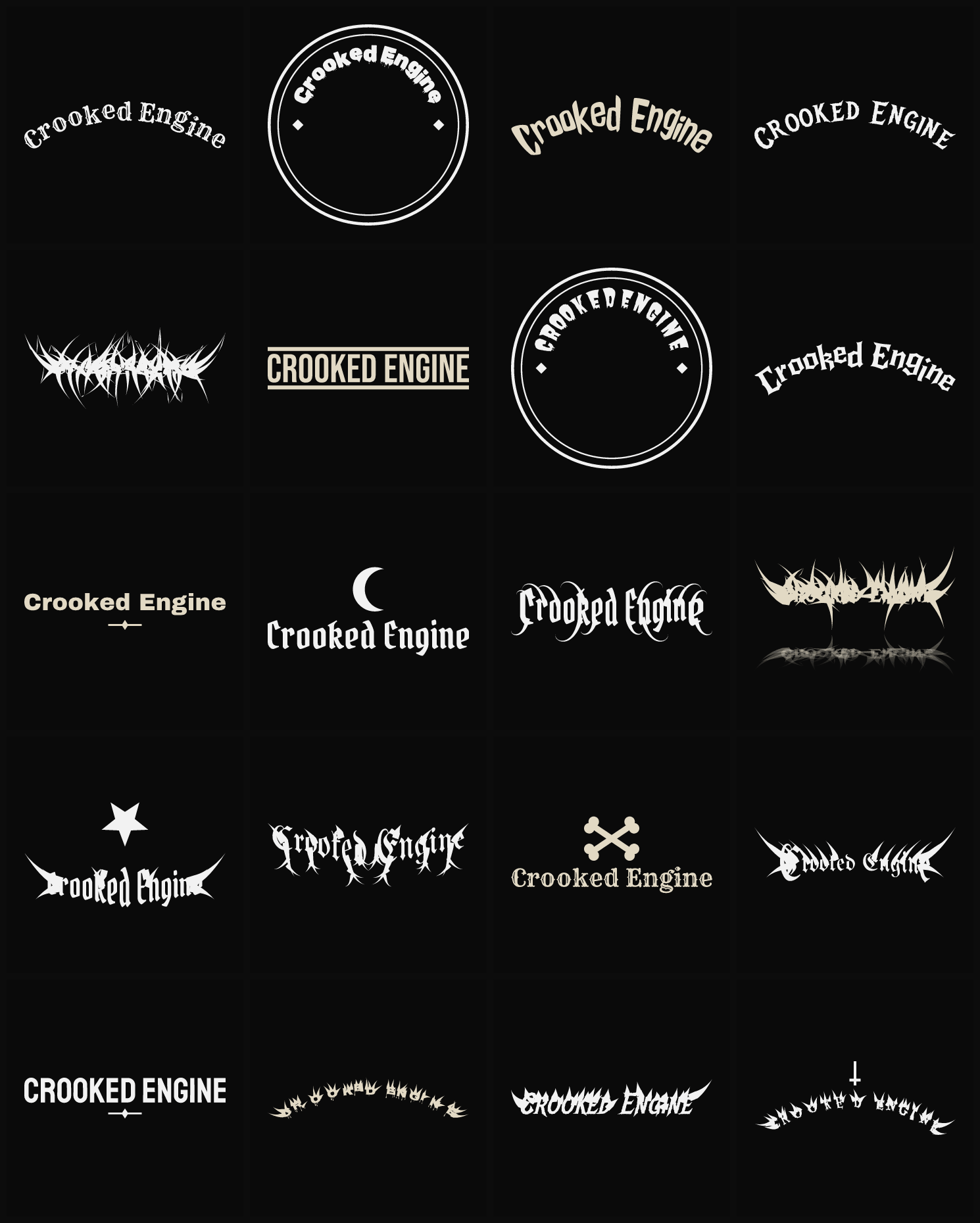 Twenty Crooked Engine band logo ideas — different faces, treatments and spike settings