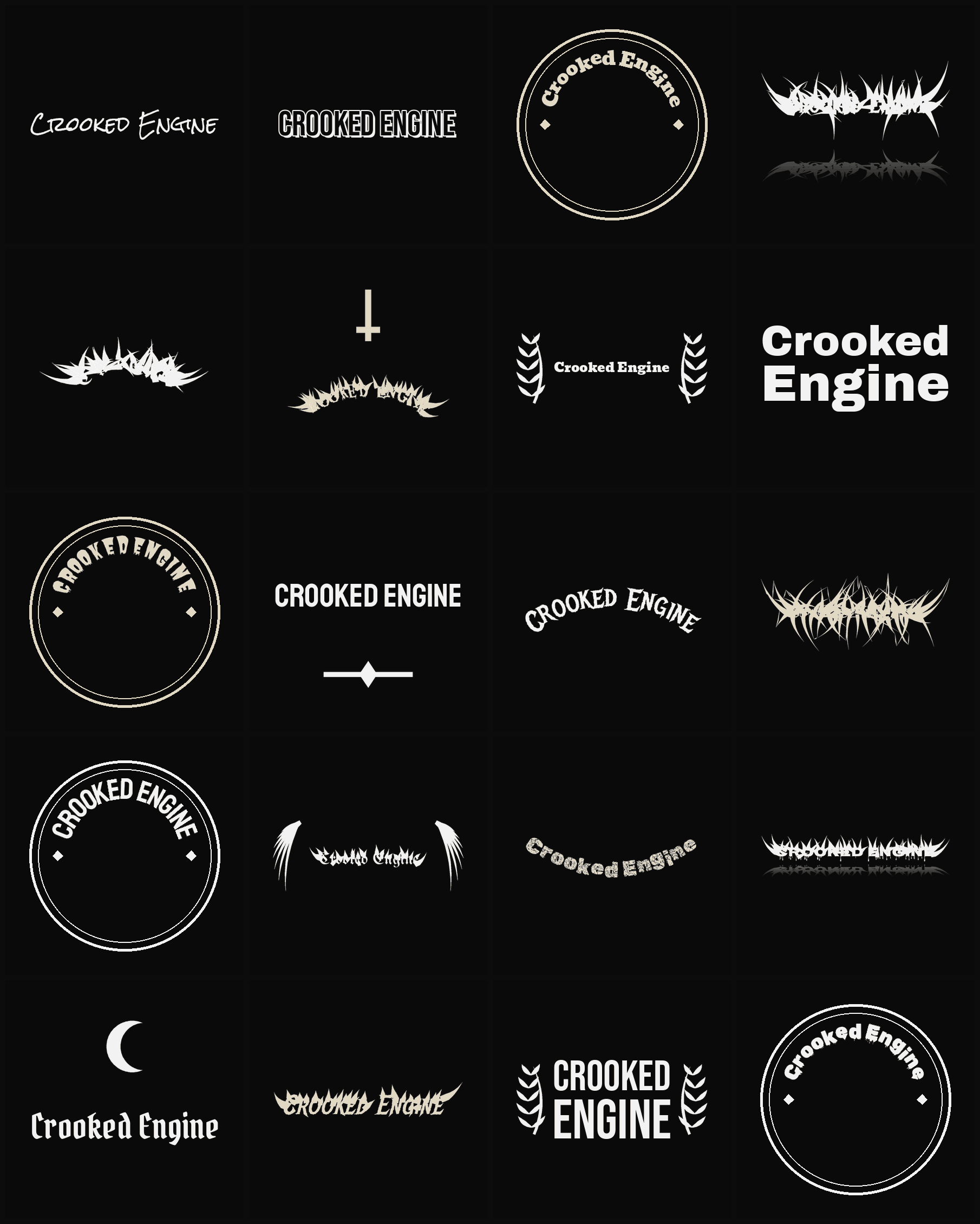 Twenty Crooked Engine band logo ideas — different faces, treatments and spike settings