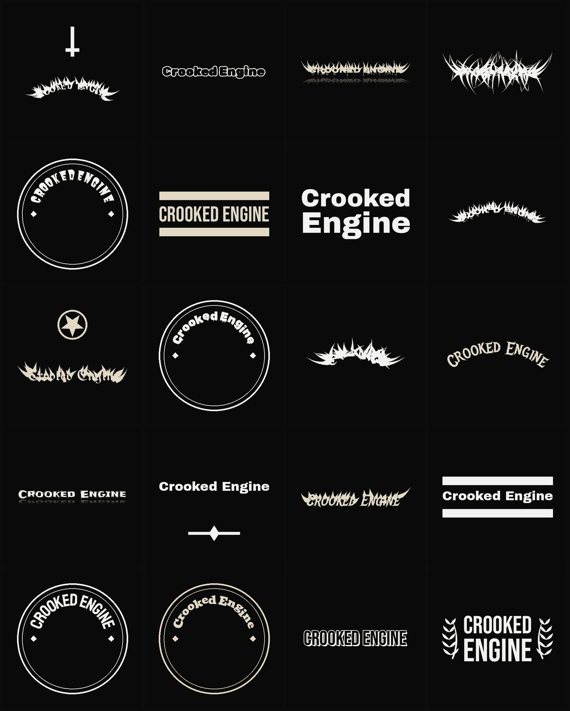 Twenty Crooked Engine band logo ideas — different faces, treatments and spike settings