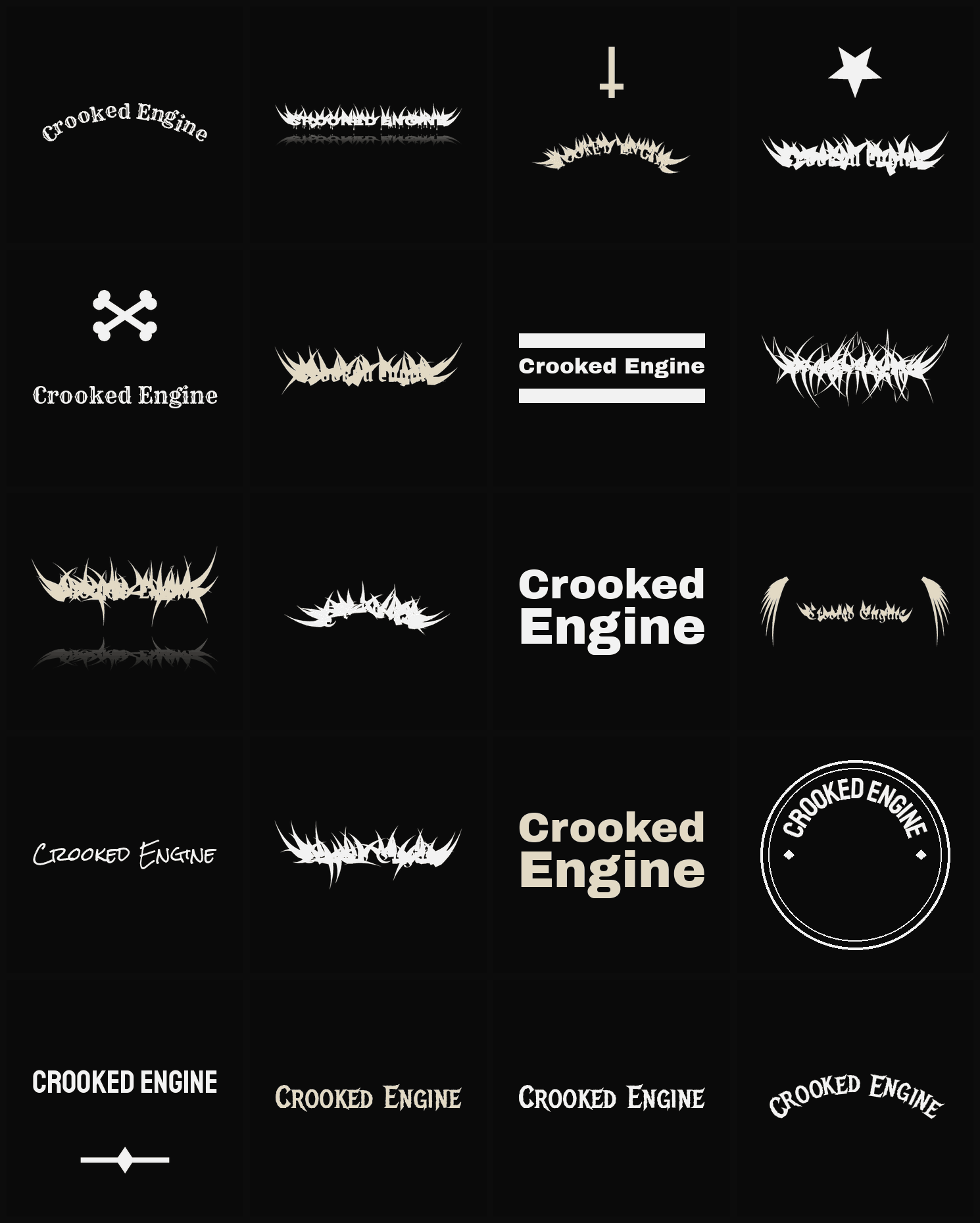 Twenty Crooked Engine band logo ideas — different faces, treatments and spike settings