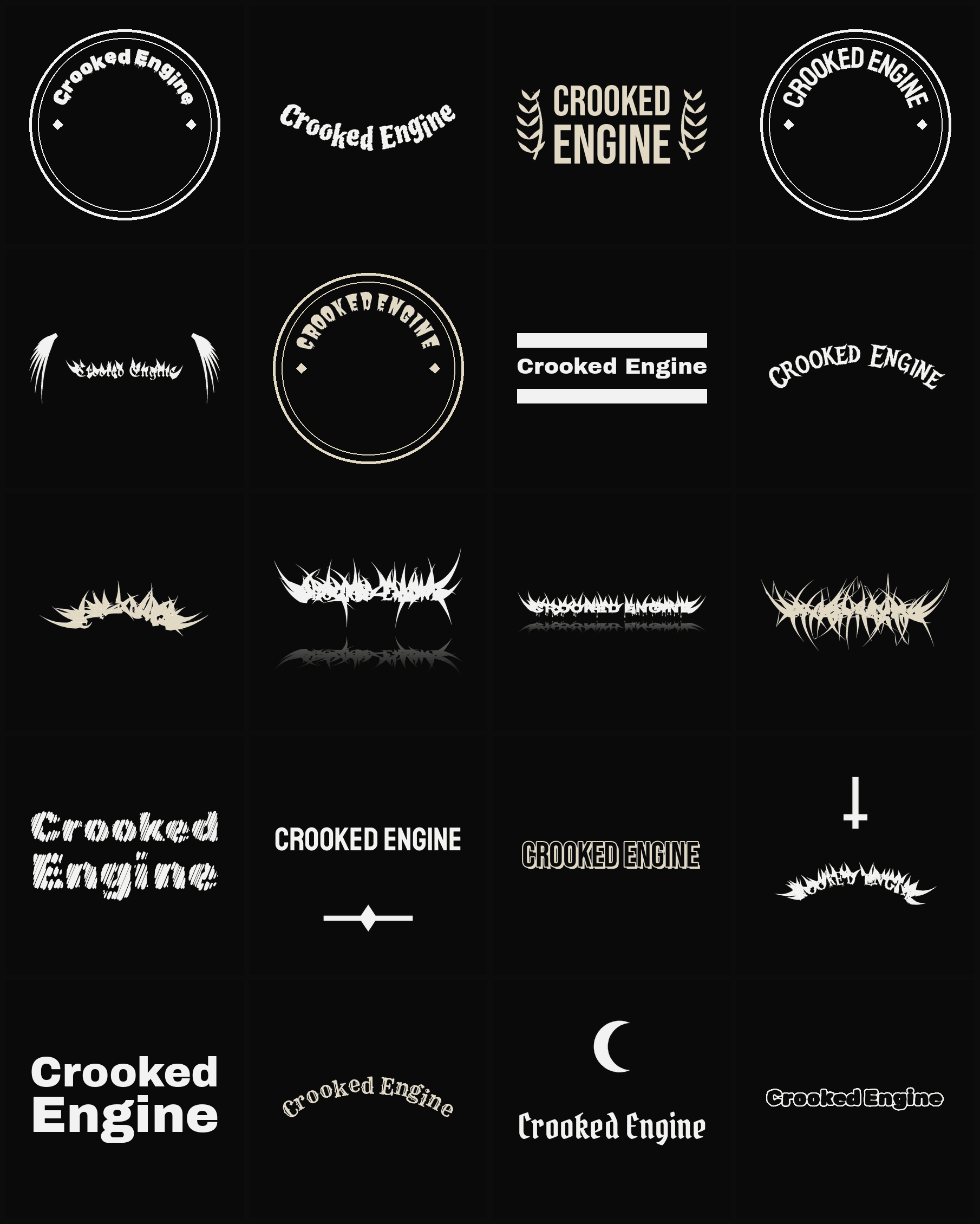 Twenty Crooked Engine band logo ideas — different faces, treatments and spike settings