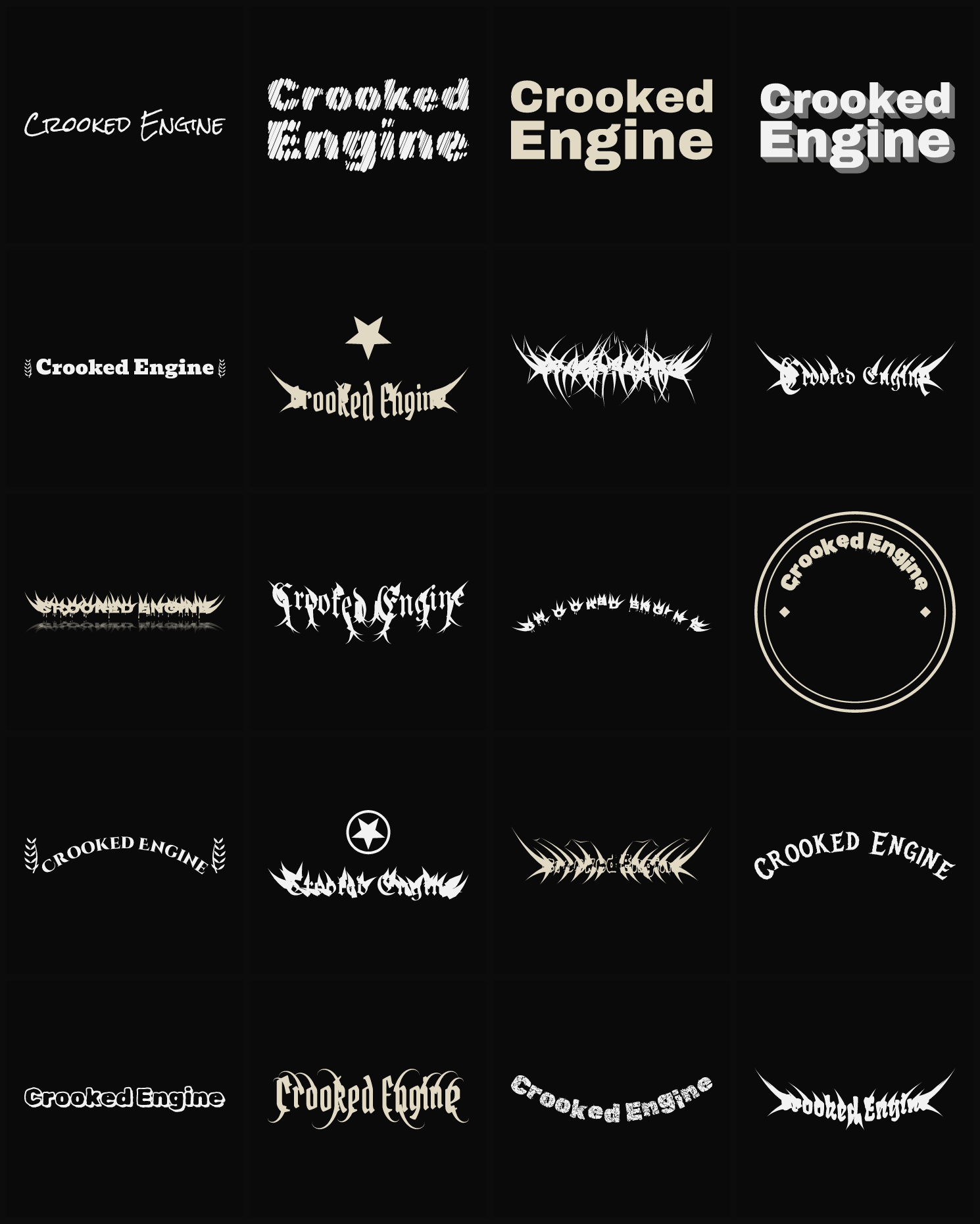 Twenty Crooked Engine band logo ideas — different faces, treatments and spike settings