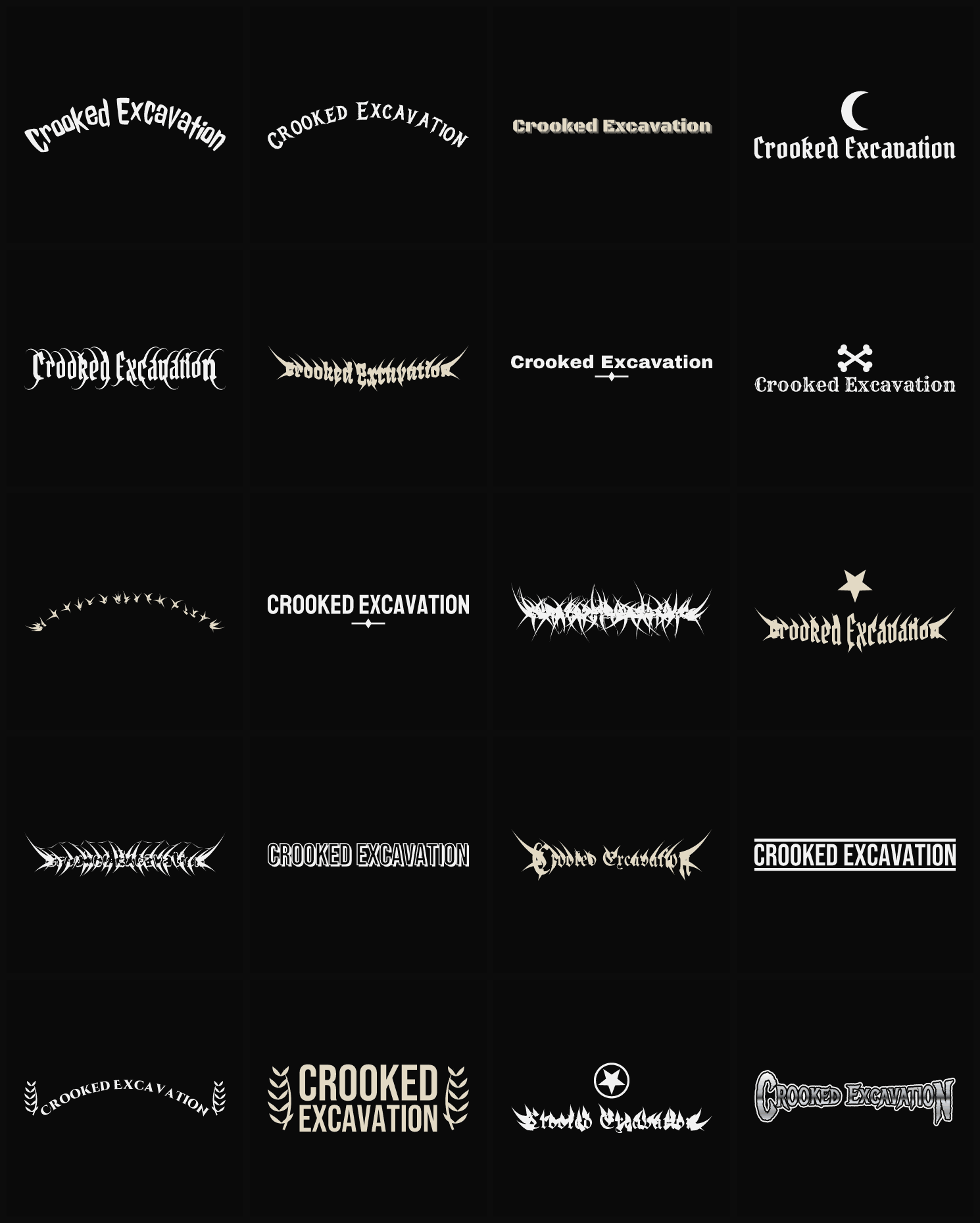 Twenty Crooked Excavation band logo ideas — different faces, treatments and spike settings