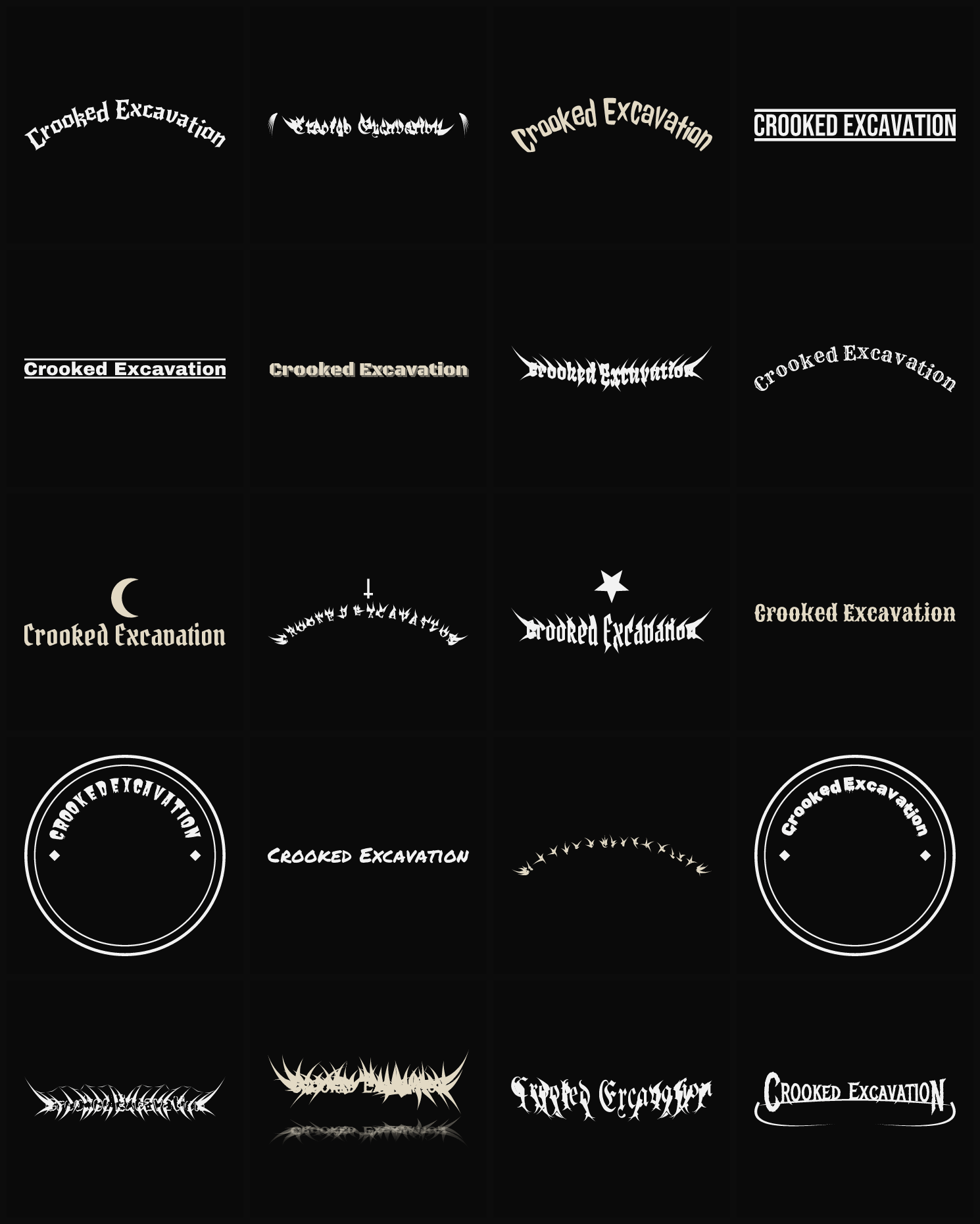 Twenty Crooked Excavation band logo ideas — different faces, treatments and spike settings