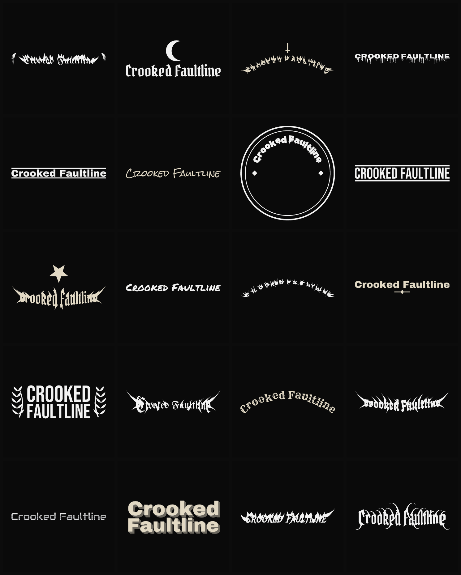 Twenty Crooked Faultline band logo ideas — different faces, treatments and spike settings
