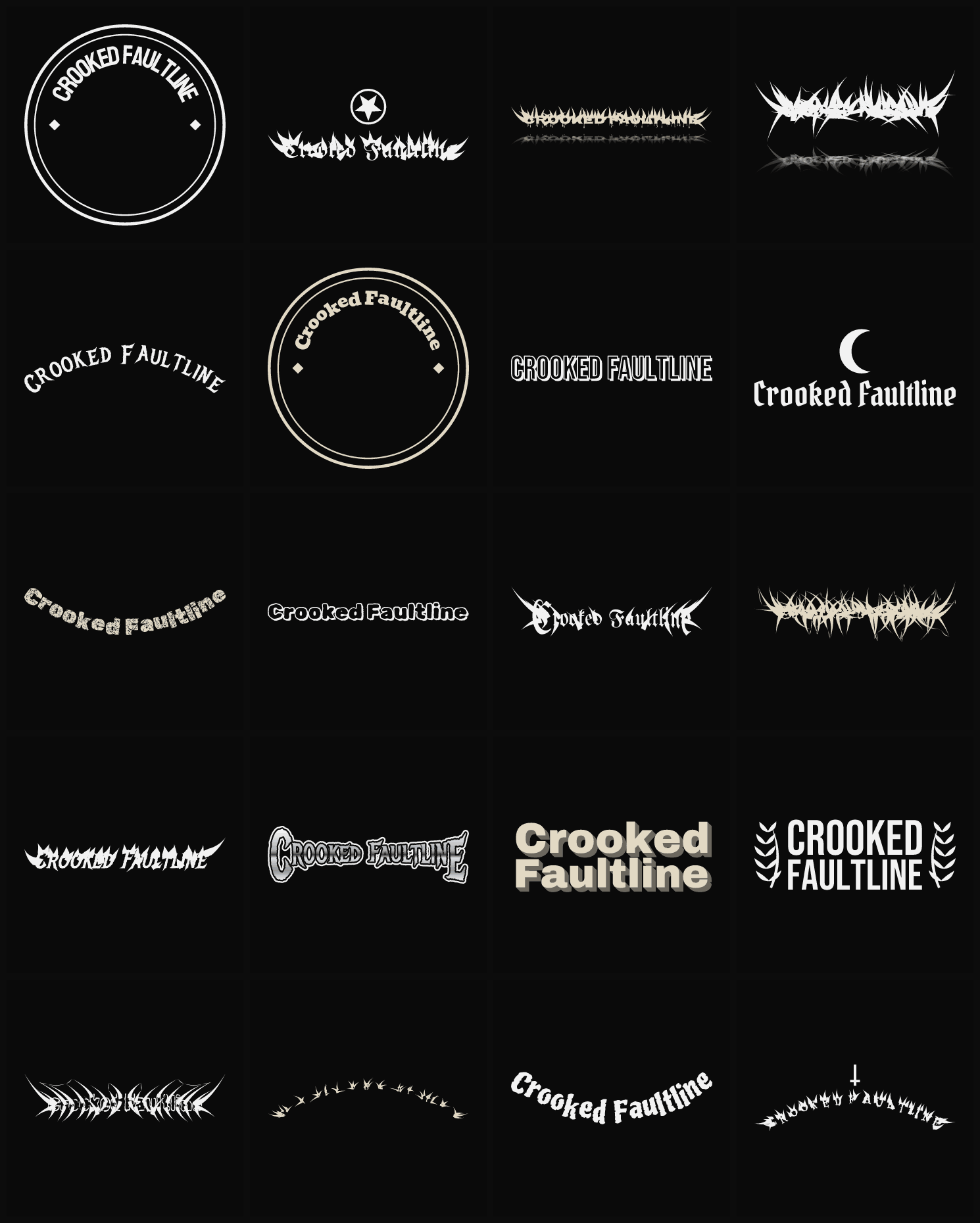 Twenty Crooked Faultline band logo ideas — different faces, treatments and spike settings
